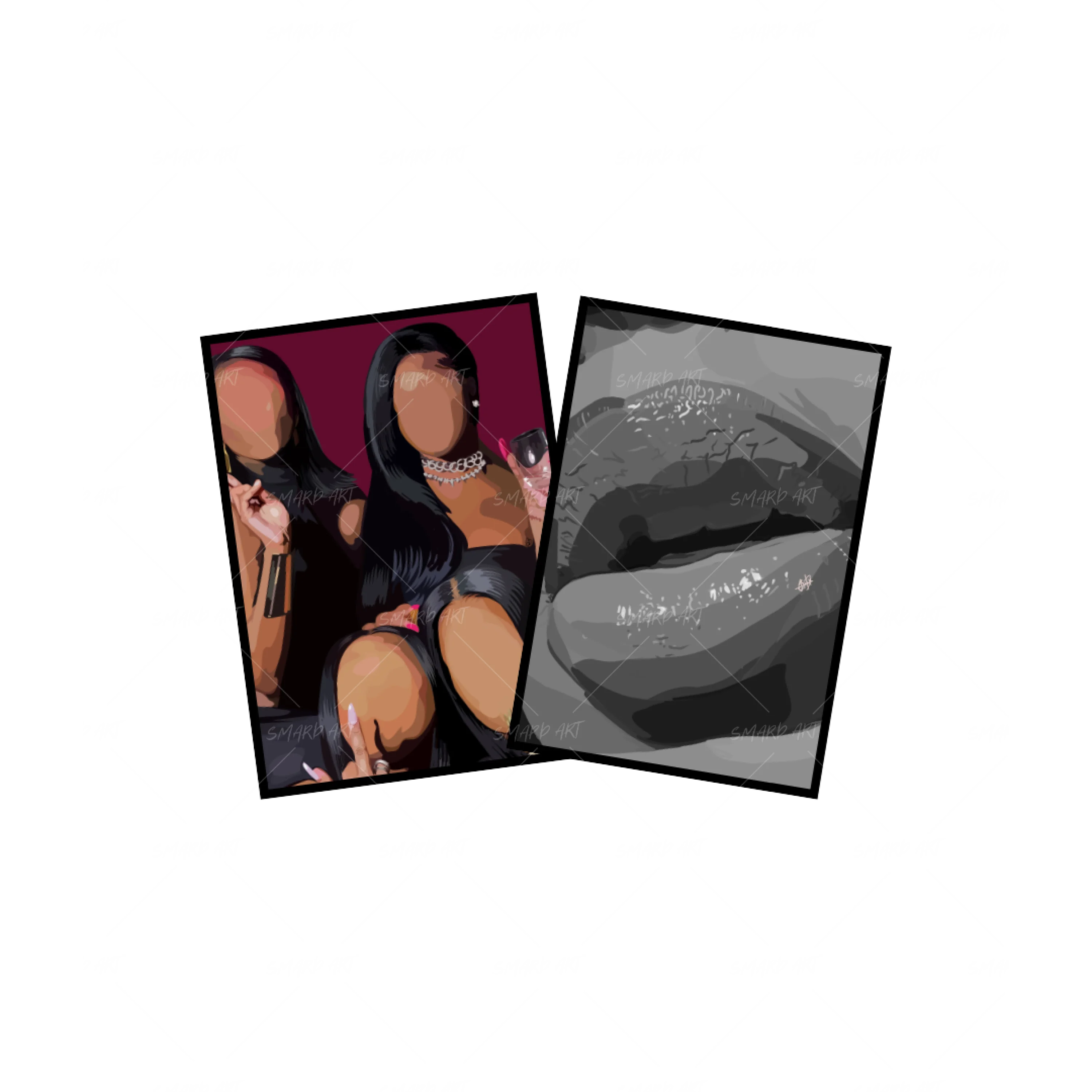 Art Print Bundle : City Girls + Glossy Lips 2 B&W-wall art print featuring decorative artistic design suitable for living rooms, offices, and schools by SmardArt. Elevate your space with Black wall art that speaks to culture, identity, and creativity. At Smard, we celebrate artistry made with melanin, bringing powerful and inspiring designs to life.