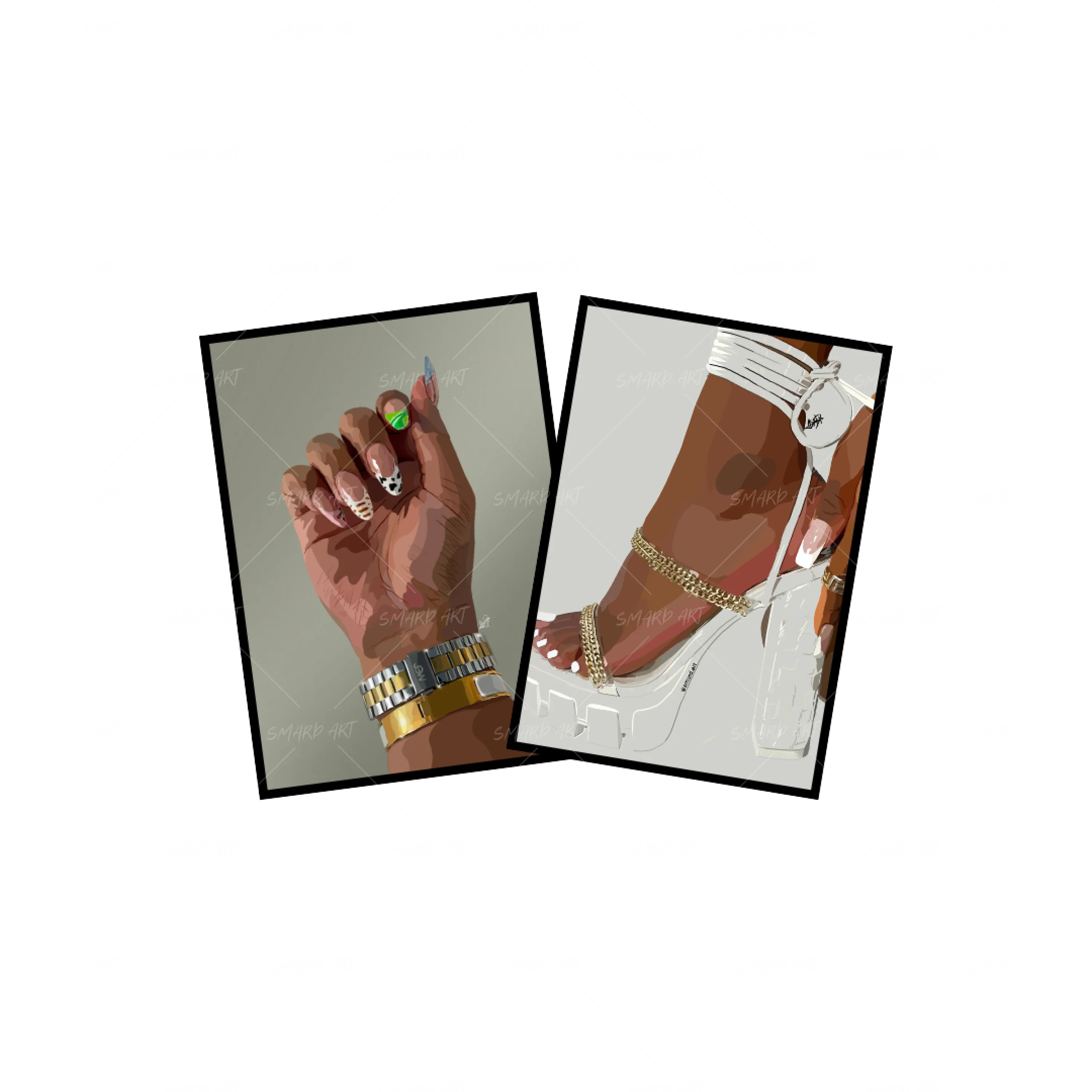 Art Print Bundle : Colourful Nails + Heel Me II-wall art print featuring decorative artistic design suitable for living rooms, offices, and schools by SmardArt. Elevate your space with Black wall art that speaks to culture, identity, and creativity. At Smard, we celebrate artistry made with melanin, bringing powerful and inspiring designs to life.
