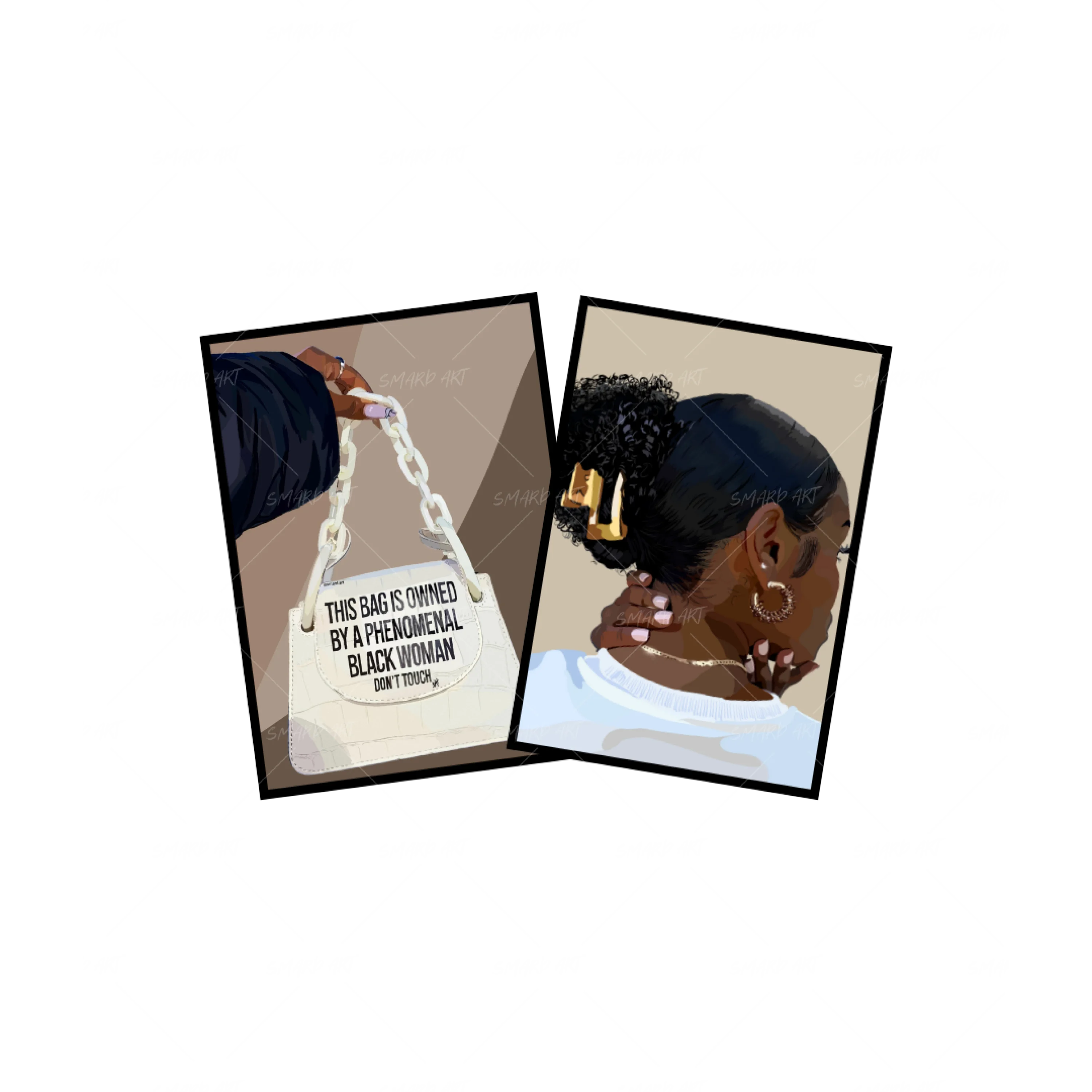 Art Print Bundle : The Bag + Douceur-wall art print featuring decorative artistic design suitable for living rooms, offices, and schools by SmardArt. Elevate your space with Black wall art that speaks to culture, identity, and creativity. At Smard, we celebrate artistry made with melanin, bringing powerful and inspiring designs to life.