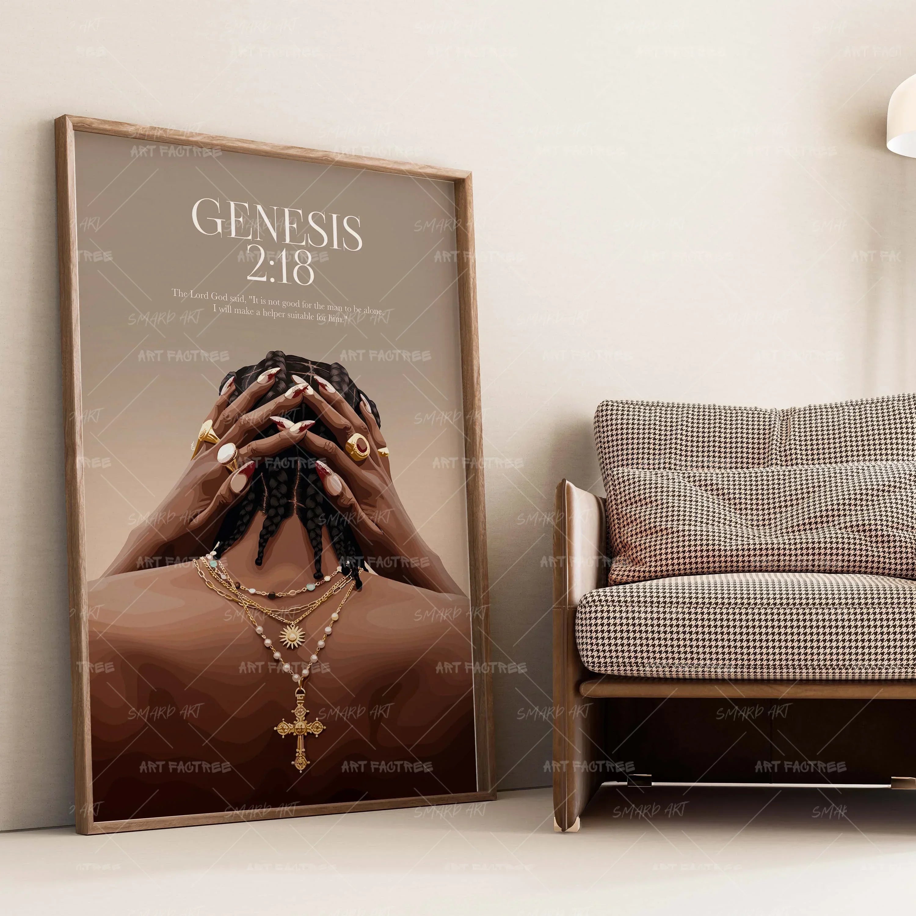 Genesis 2:18-wall art print featuring decorative artistic design suitable for living rooms, offices, and schools by SmardArt. Elevate your space with Black wall art that speaks to culture, identity, and creativity. At Smard, we celebrate artistry made with melanin, bringing powerful and inspiring designs to life.