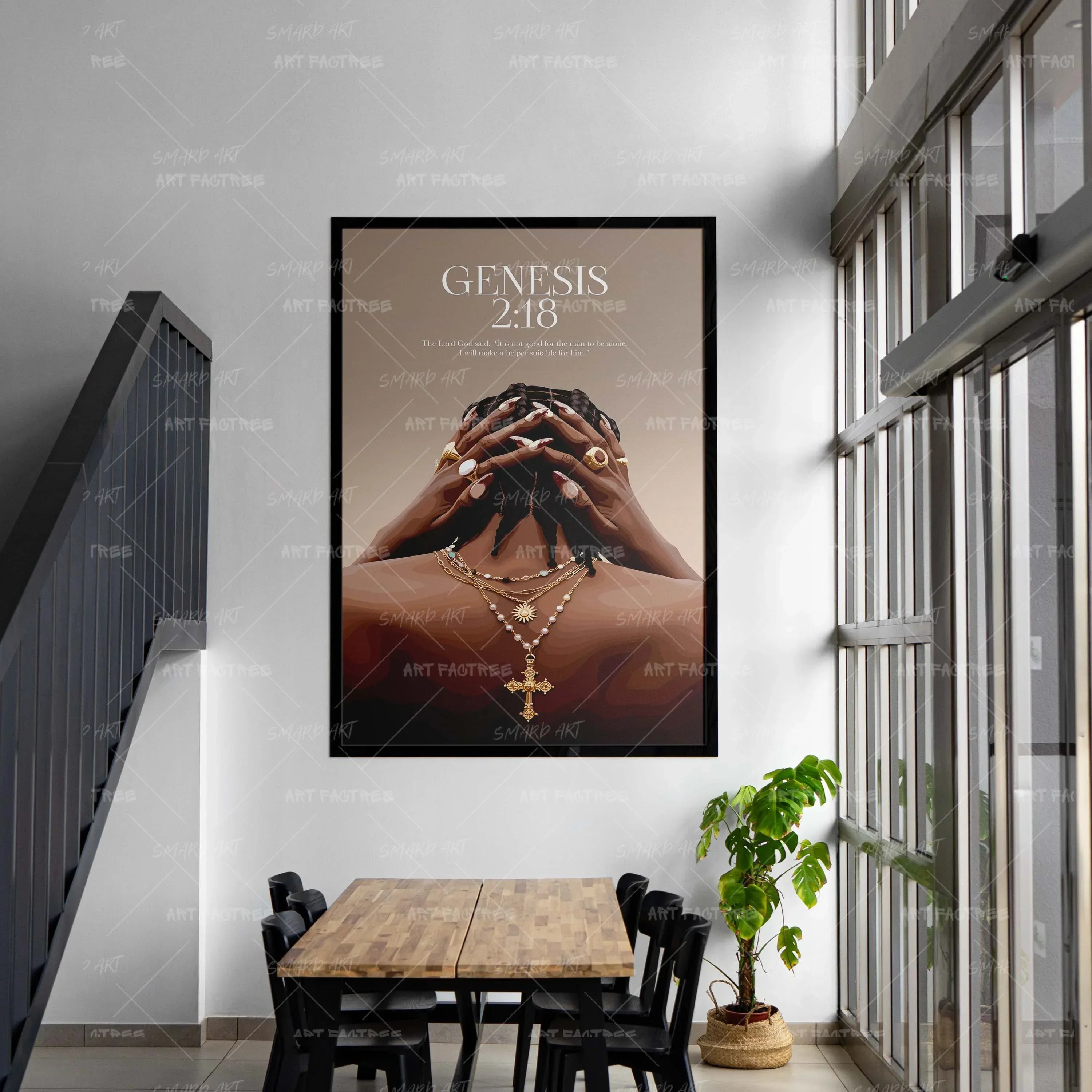Genesis 2:18-wall art print featuring decorative artistic design suitable for living rooms, offices, and schools by SmardArt. Elevate your space with Black wall art that speaks to culture, identity, and creativity. At Smard, we celebrate artistry made with melanin, bringing powerful and inspiring designs to life.