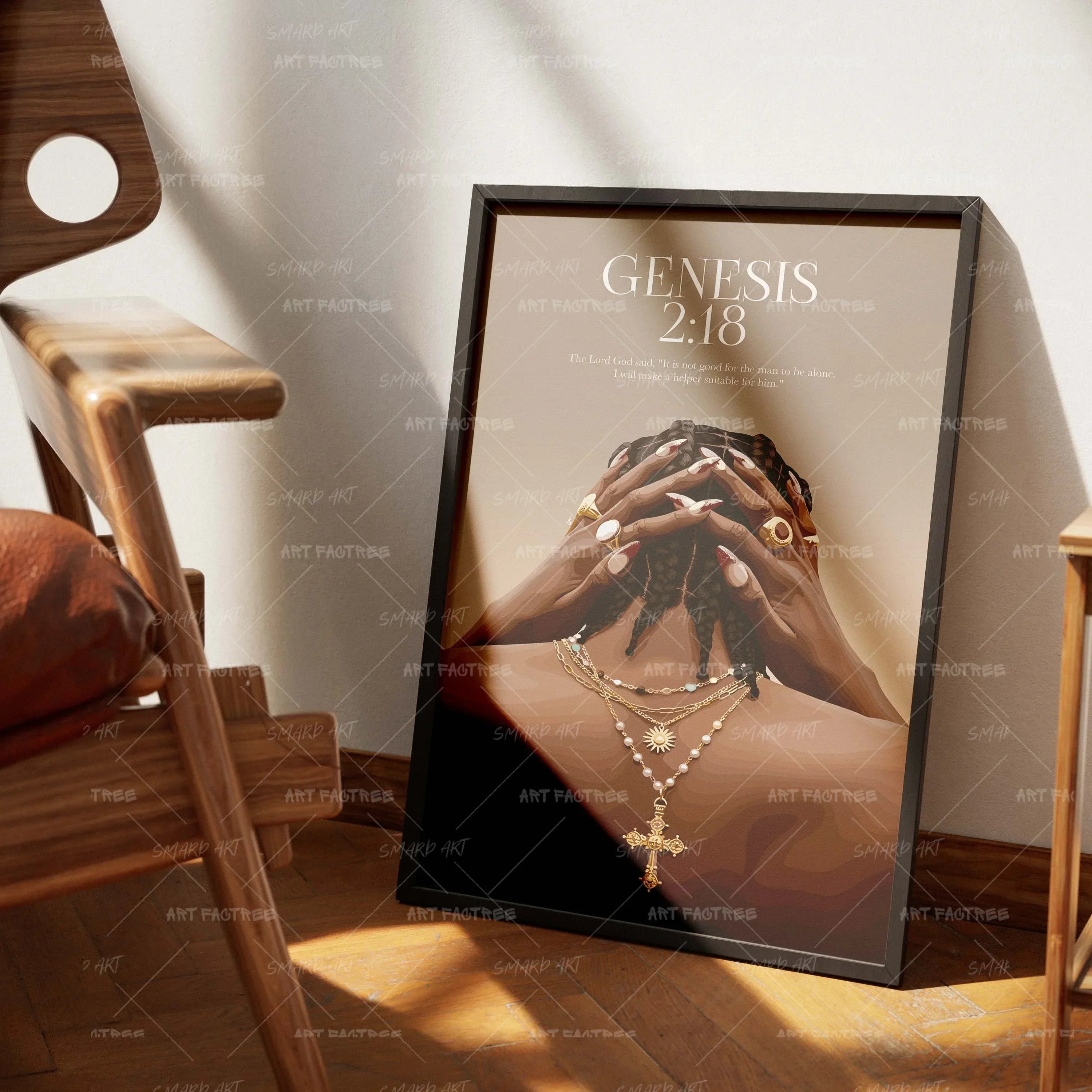Genesis 2:18-wall art print featuring decorative artistic design suitable for living rooms, offices, and schools by SmardArt. Elevate your space with Black wall art that speaks to culture, identity, and creativity. At Smard, we celebrate artistry made with melanin, bringing powerful and inspiring designs to life.