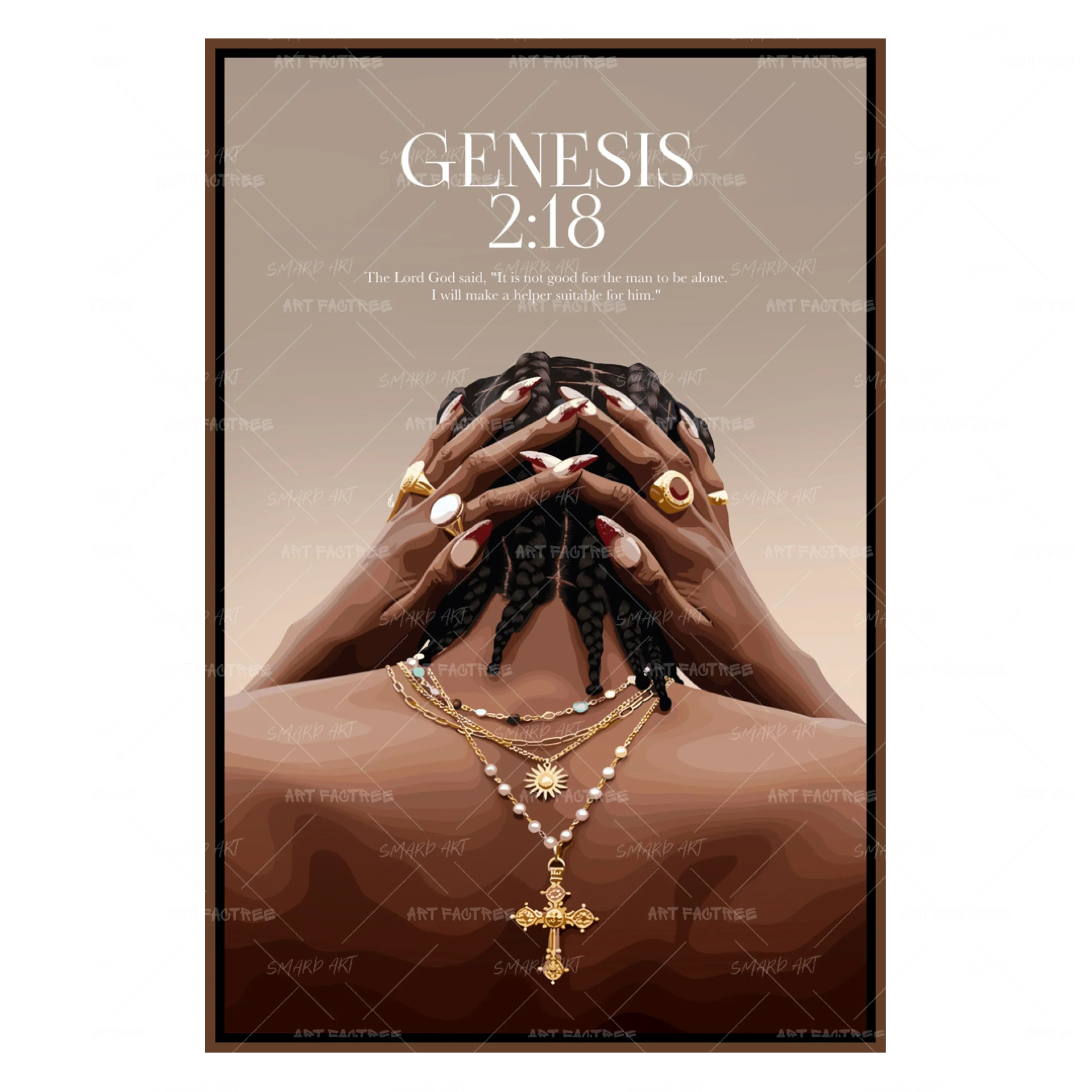 Genesis 2:18-wall art print featuring decorative artistic design suitable for living rooms, offices, and schools by SmardArt. Elevate your space with Black wall art that speaks to culture, identity, and creativity. At Smard, we celebrate artistry made with melanin, bringing powerful and inspiring designs to life.