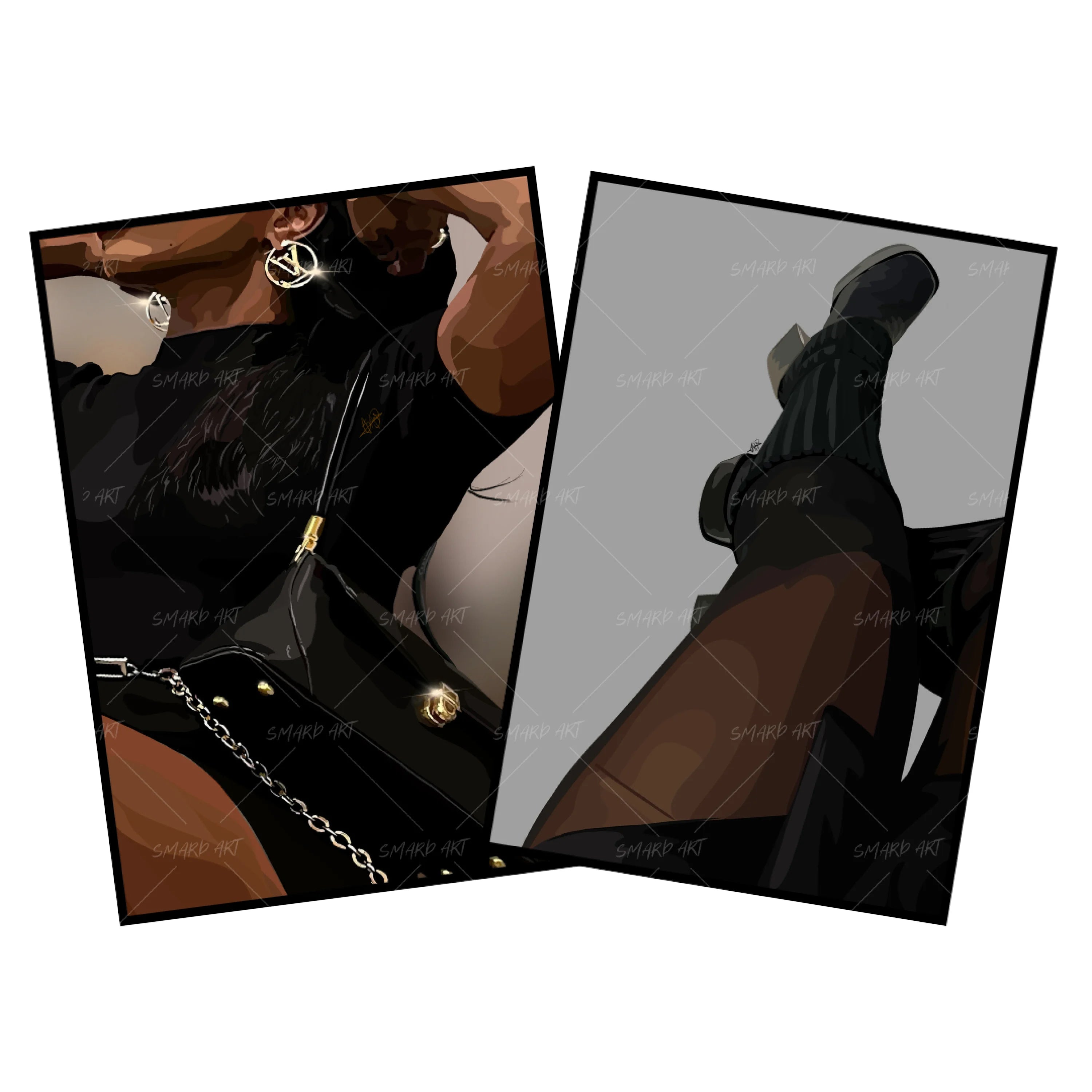 Art Print Bundle : Glam + Bratz Boots-wall art print featuring decorative artistic design suitable for living rooms, offices, and schools by SmardArt. Elevate your space with Black wall art that speaks to culture, identity, and creativity. At Smard, we celebrate artistry made with melanin, bringing powerful and inspiring designs to life.