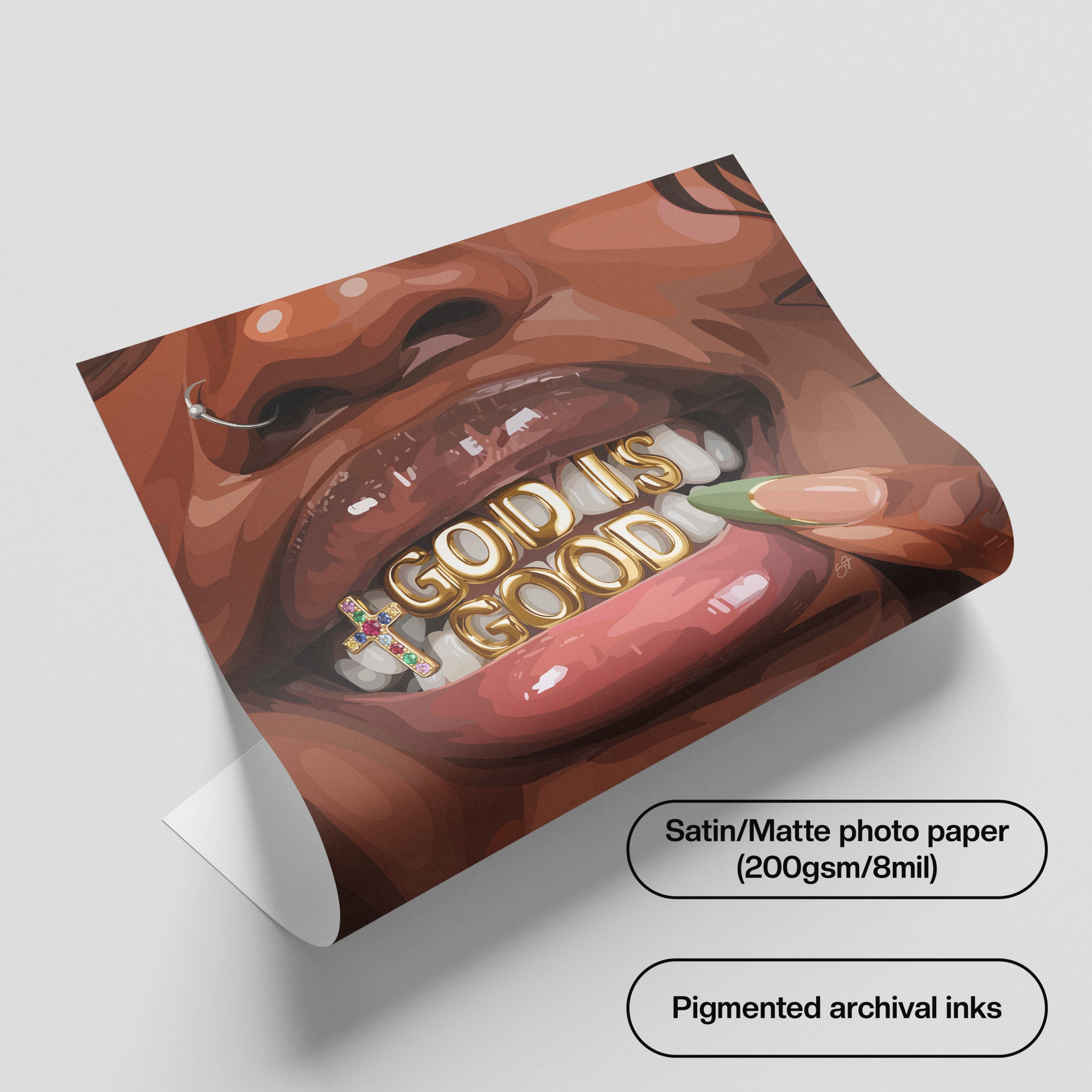 God is Good Grillz-wall art print featuring decorative artistic design suitable for living rooms, offices, and schools by SmardArt. Elevate your space with Black wall art that speaks to culture, identity, and creativity. At Smard, we celebrate artistry made with melanin, bringing powerful and inspiring designs to life.