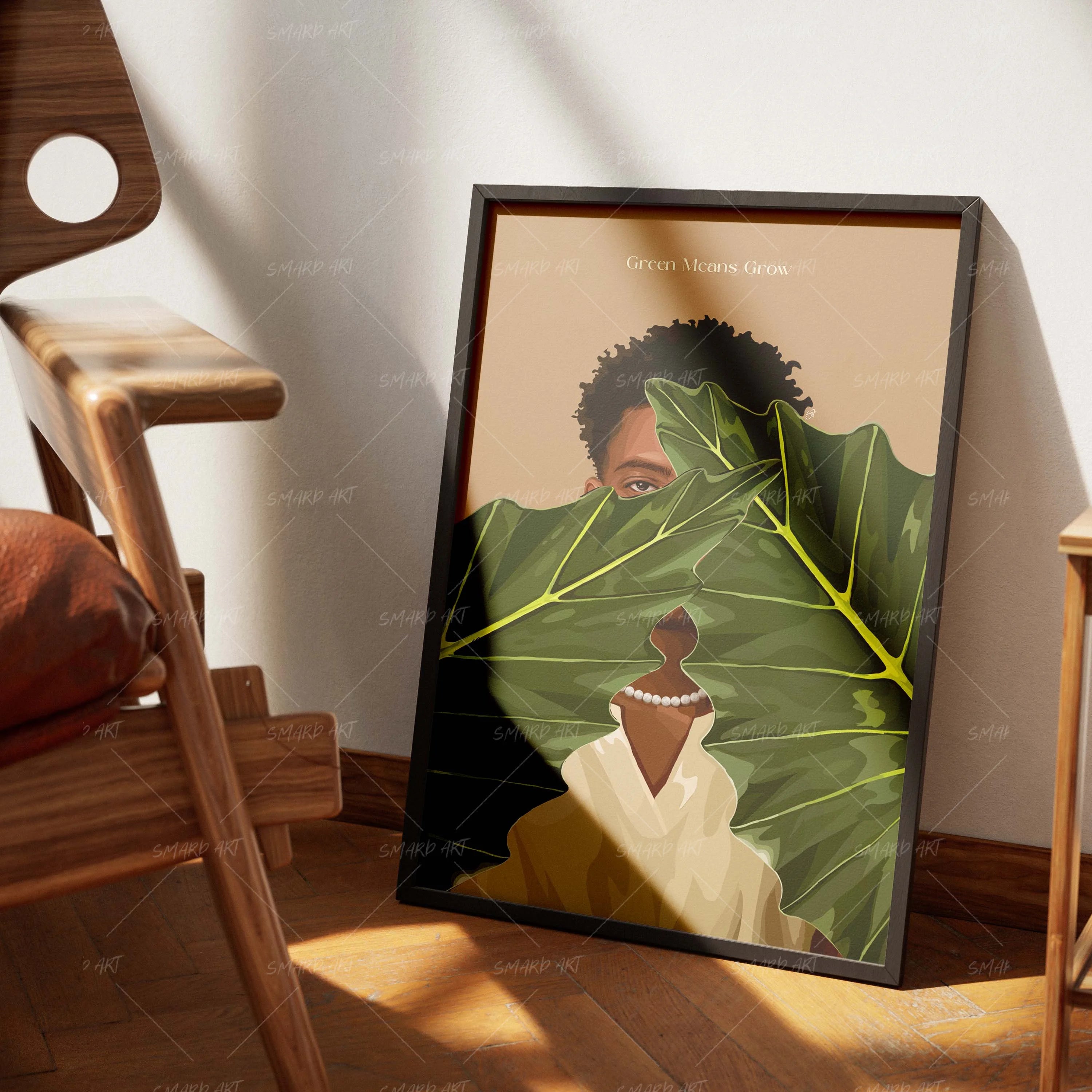 Green Leaf-wall art print featuring decorative artistic design suitable for living rooms, offices, and schools by SmardArt. Elevate your space with Black wall art that speaks to culture, identity, and creativity. At Smard, we celebrate artistry made with melanin, bringing powerful and inspiring designs to life.