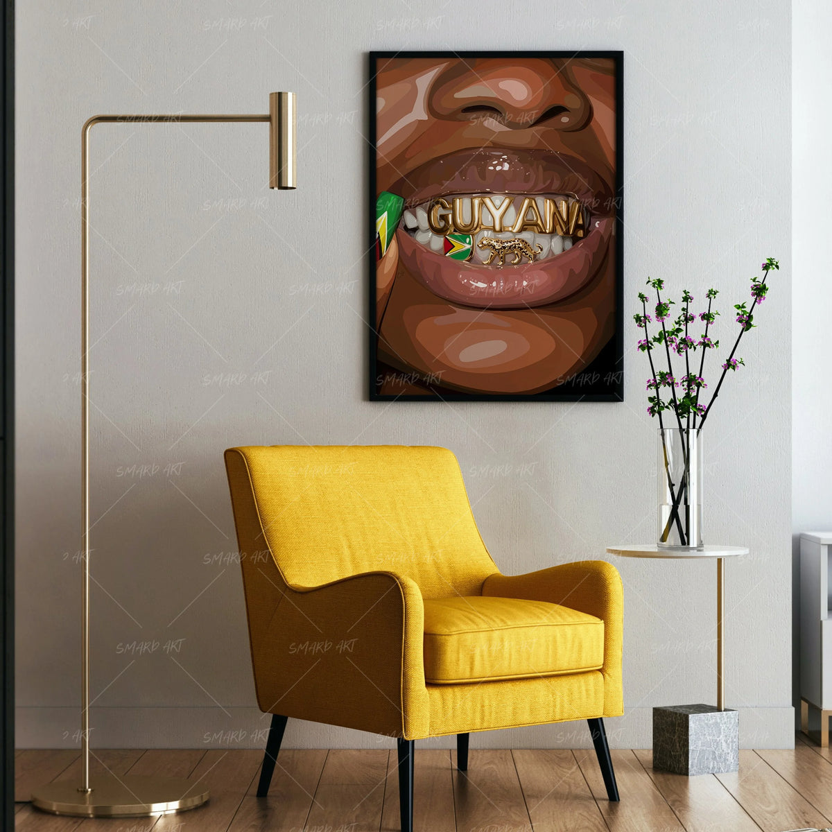 Guyana Grillz-wall art print featuring decorative artistic design suitable for living rooms, offices, and schools by SmardArt. Elevate your space with Black wall art that speaks to culture, identity, and creativity. At Smard, we celebrate artistry made with melanin, bringing powerful and inspiring designs to life.