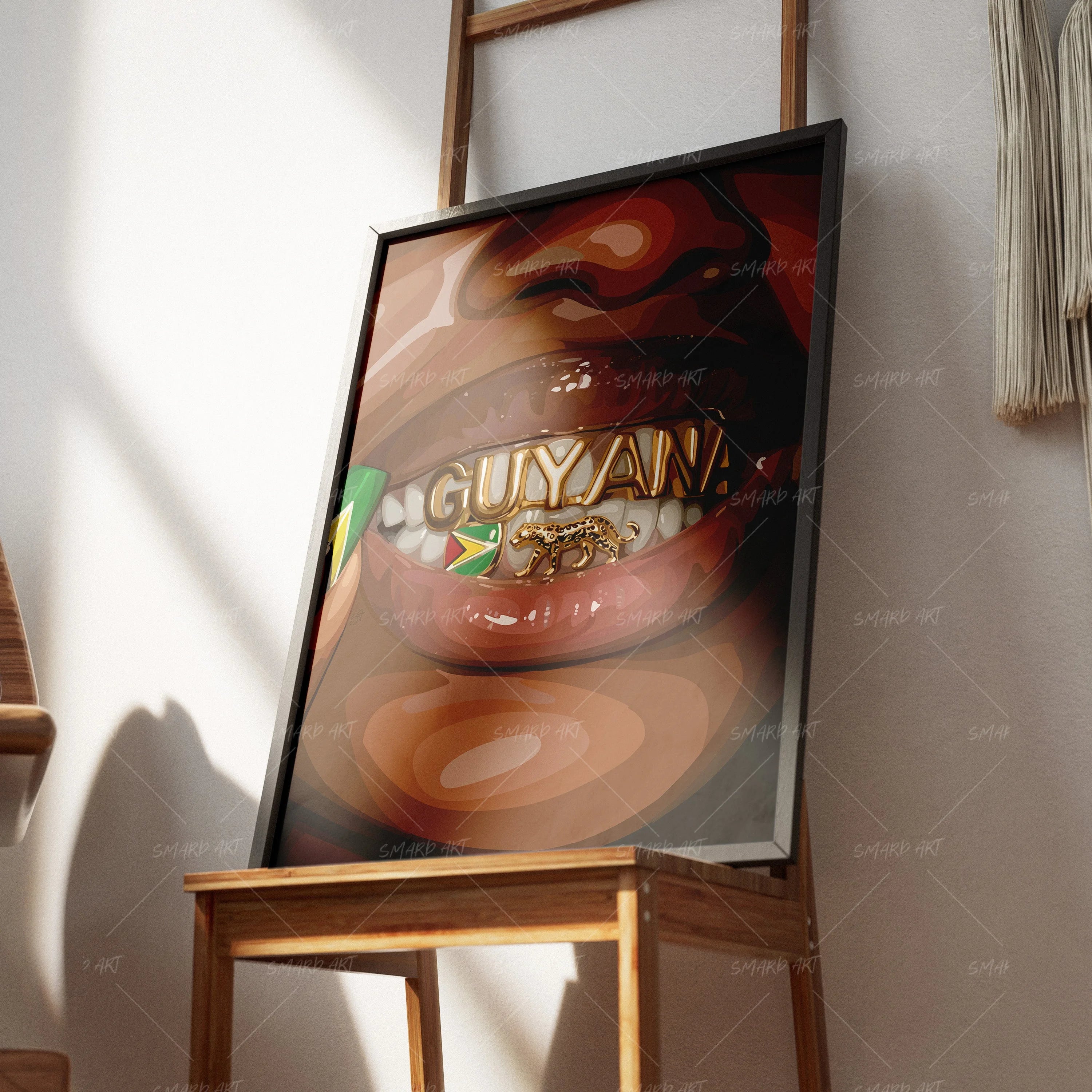Guyana Grillz-wall art print featuring decorative artistic design suitable for living rooms, offices, and schools by SmardArt. Elevate your space with Black wall art that speaks to culture, identity, and creativity. At Smard, we celebrate artistry made with melanin, bringing powerful and inspiring designs to life.