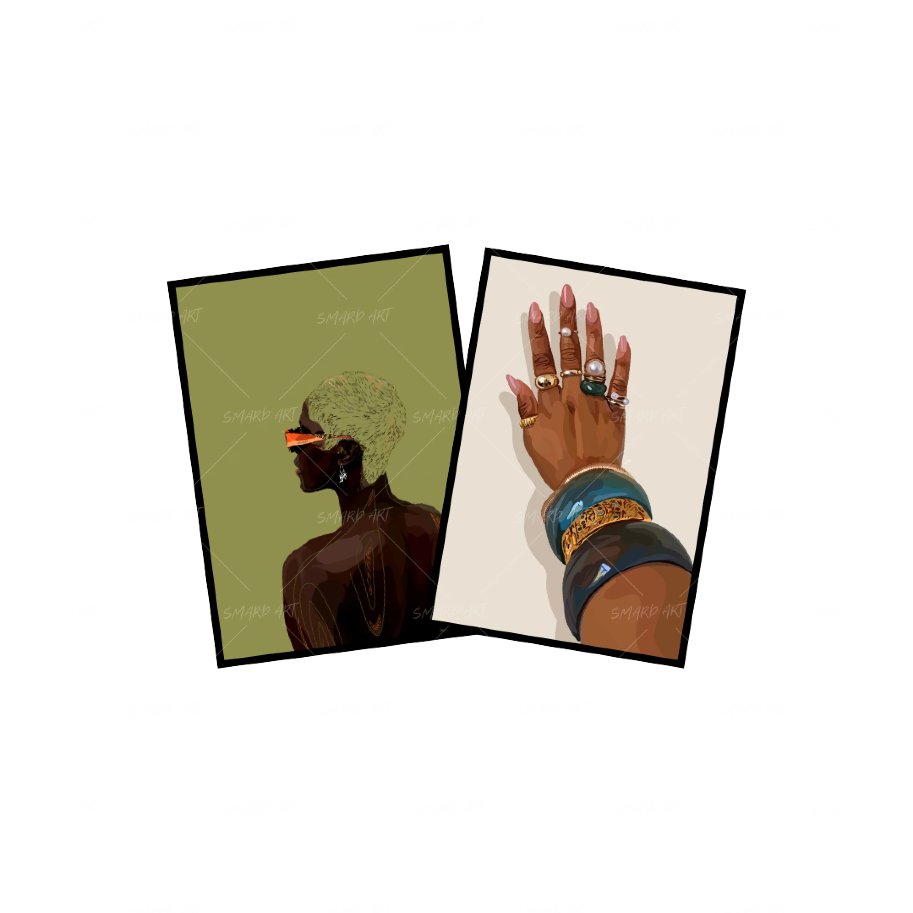 Art Print Bundle : Grace 4 + Jewelries Addict-wall art print featuring decorative artistic design suitable for living rooms, offices, and schools by SmardArt. Elevate your space with Black wall art that speaks to culture, identity, and creativity. At Smard, we celebrate artistry made with melanin, bringing powerful and inspiring designs to life.