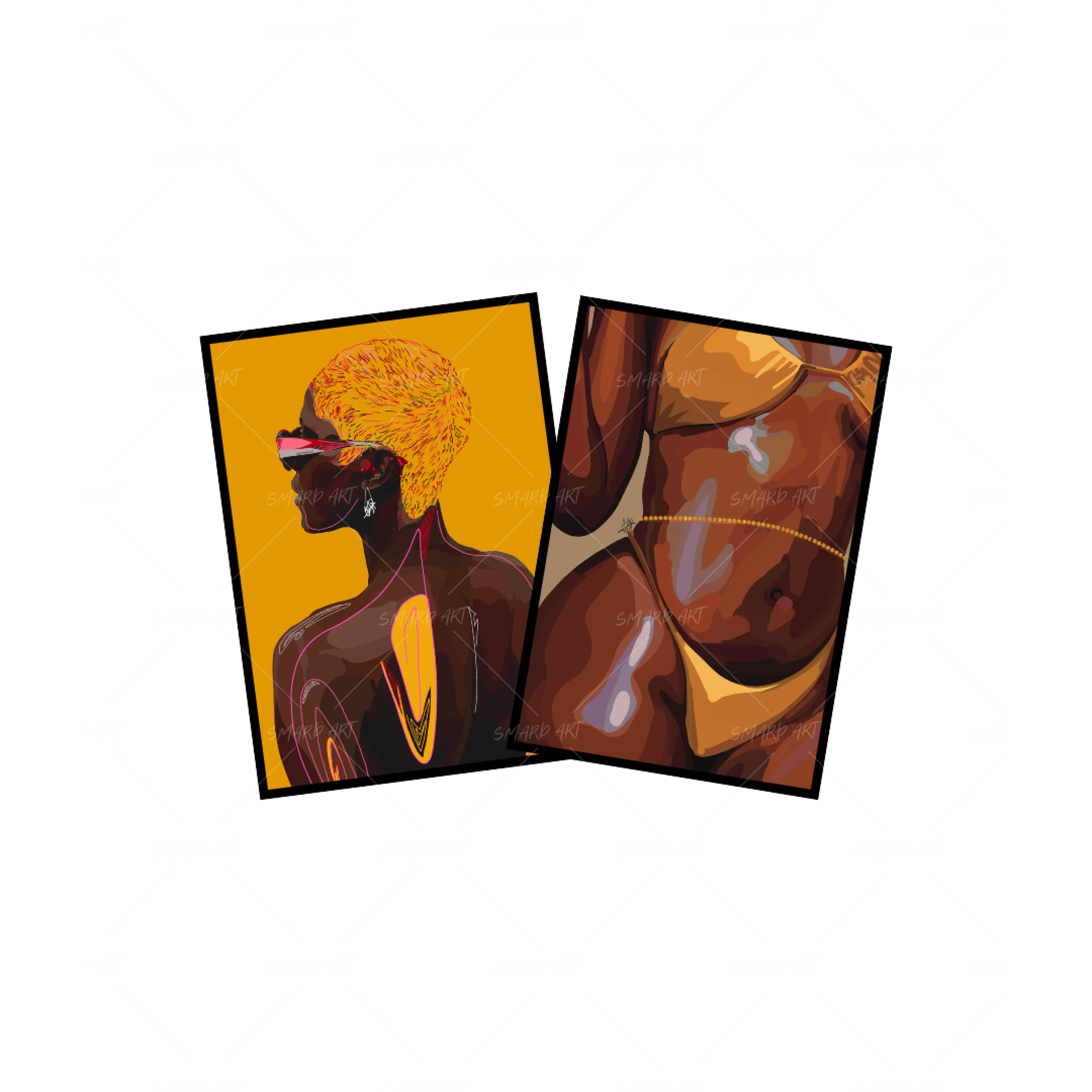Art Print Bundle : Grace 5 + Golden Bikini-wall art print featuring decorative artistic design suitable for living rooms, offices, and schools by SmardArt. Elevate your space with Black wall art that speaks to culture, identity, and creativity. At Smard, we celebrate artistry made with melanin, bringing powerful and inspiring designs to life.