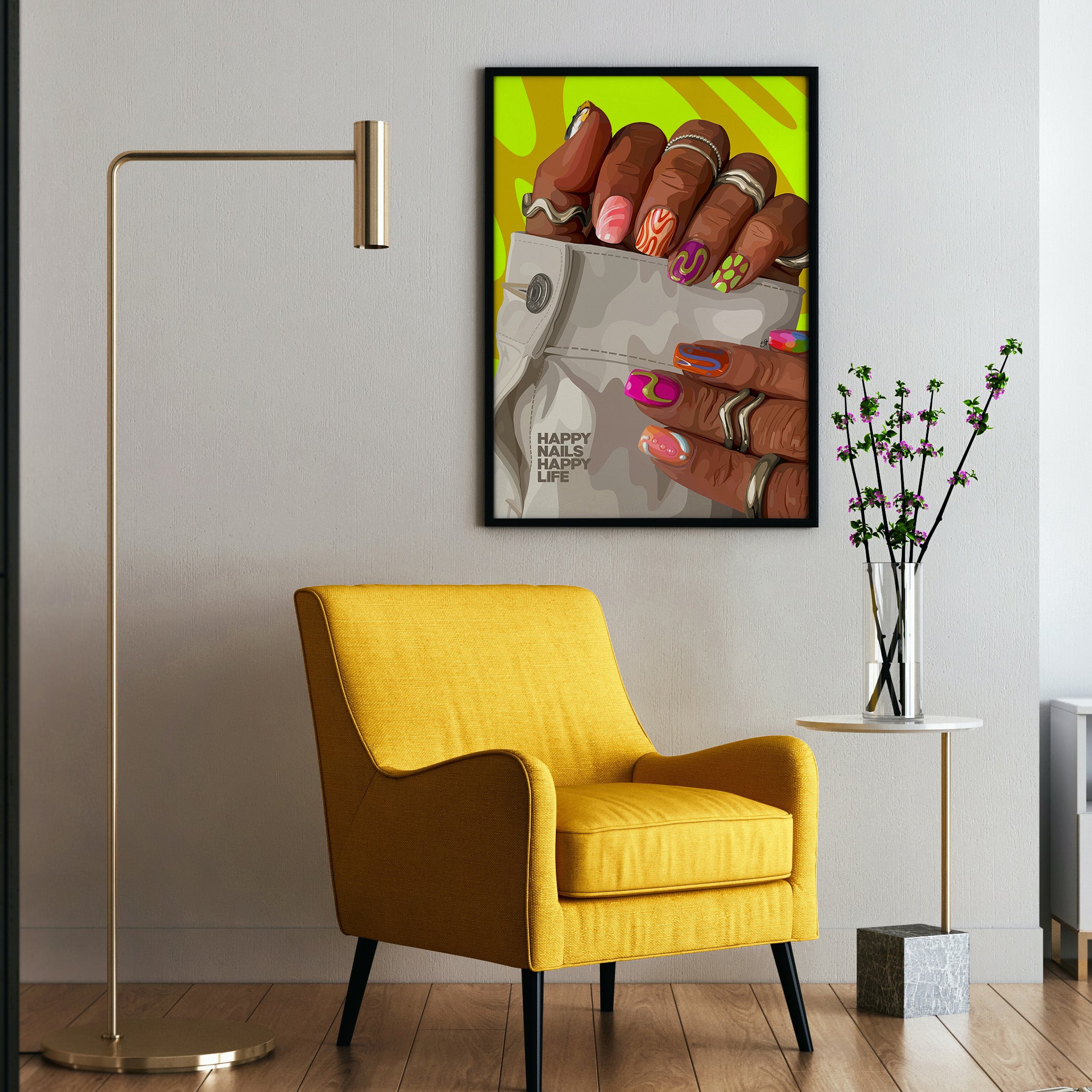 Happy Nails, Happy Life-wall art print featuring decorative artistic design suitable for living rooms, offices, and schools by SmardArt. Elevate your space with Black wall art that speaks to culture, identity, and creativity. At Smard, we celebrate artistry made with melanin, bringing powerful and inspiring designs to life.