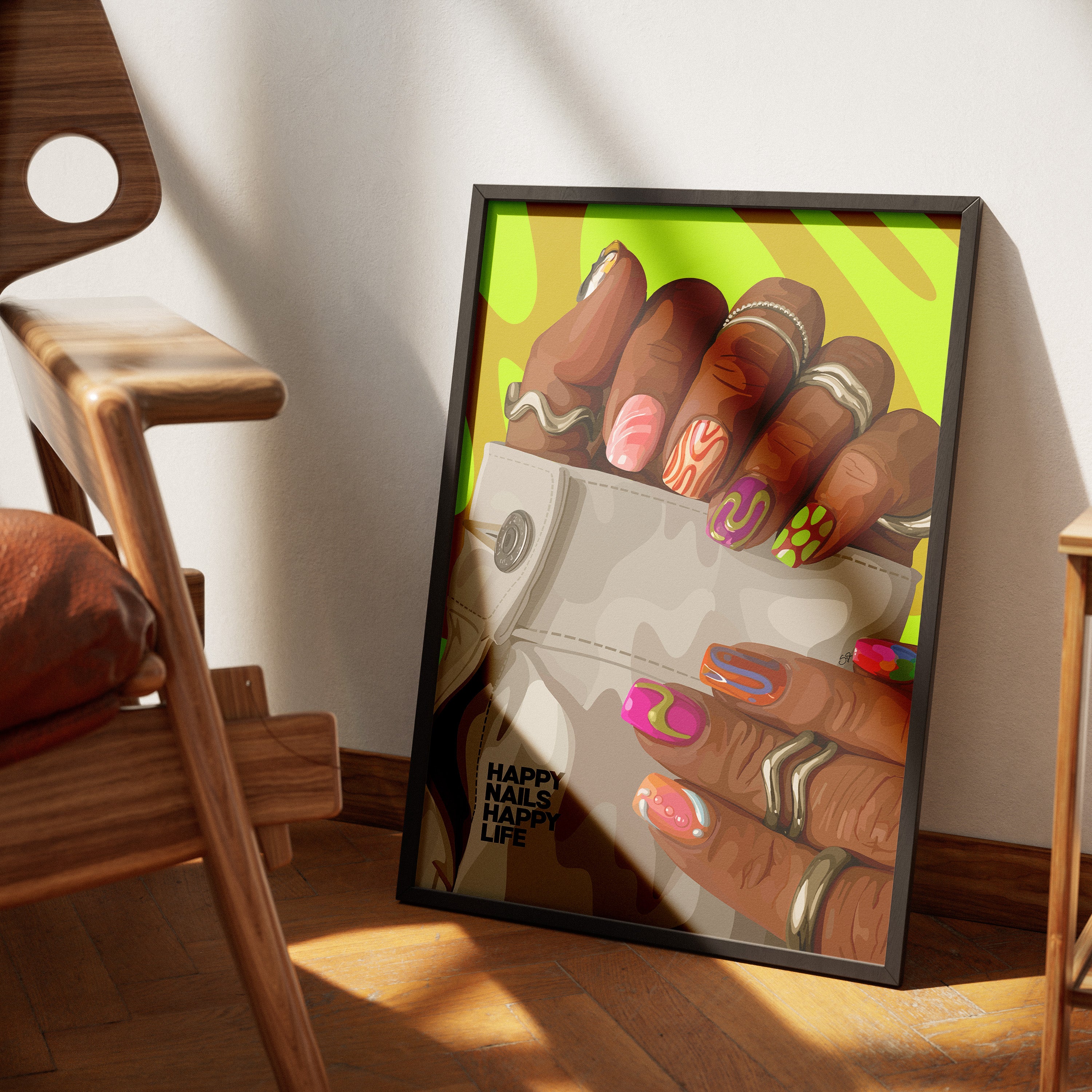 Happy Nails, Happy Life-wall art print featuring decorative artistic design suitable for living rooms, offices, and schools by SmardArt. Elevate your space with Black wall art that speaks to culture, identity, and creativity. At Smard, we celebrate artistry made with melanin, bringing powerful and inspiring designs to life.