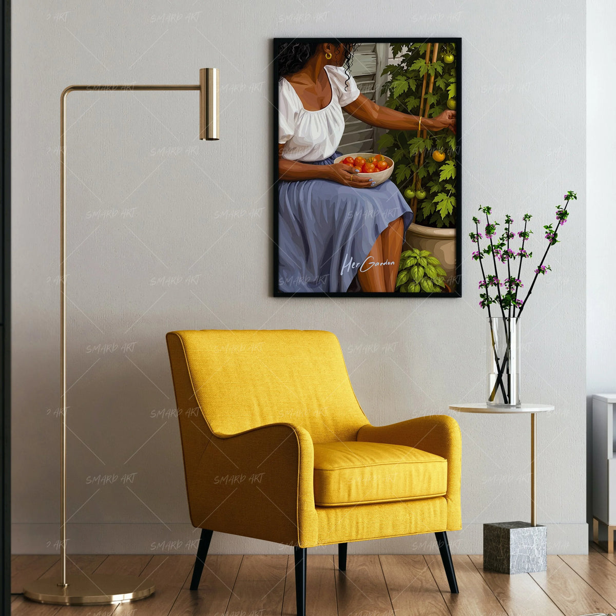 Her Garden-wall art print featuring decorative artistic design suitable for living rooms, offices, and schools by SmardArt. Elevate your space with Black wall art that speaks to culture, identity, and creativity. At Smard, we celebrate artistry made with melanin, bringing powerful and inspiring designs to life.