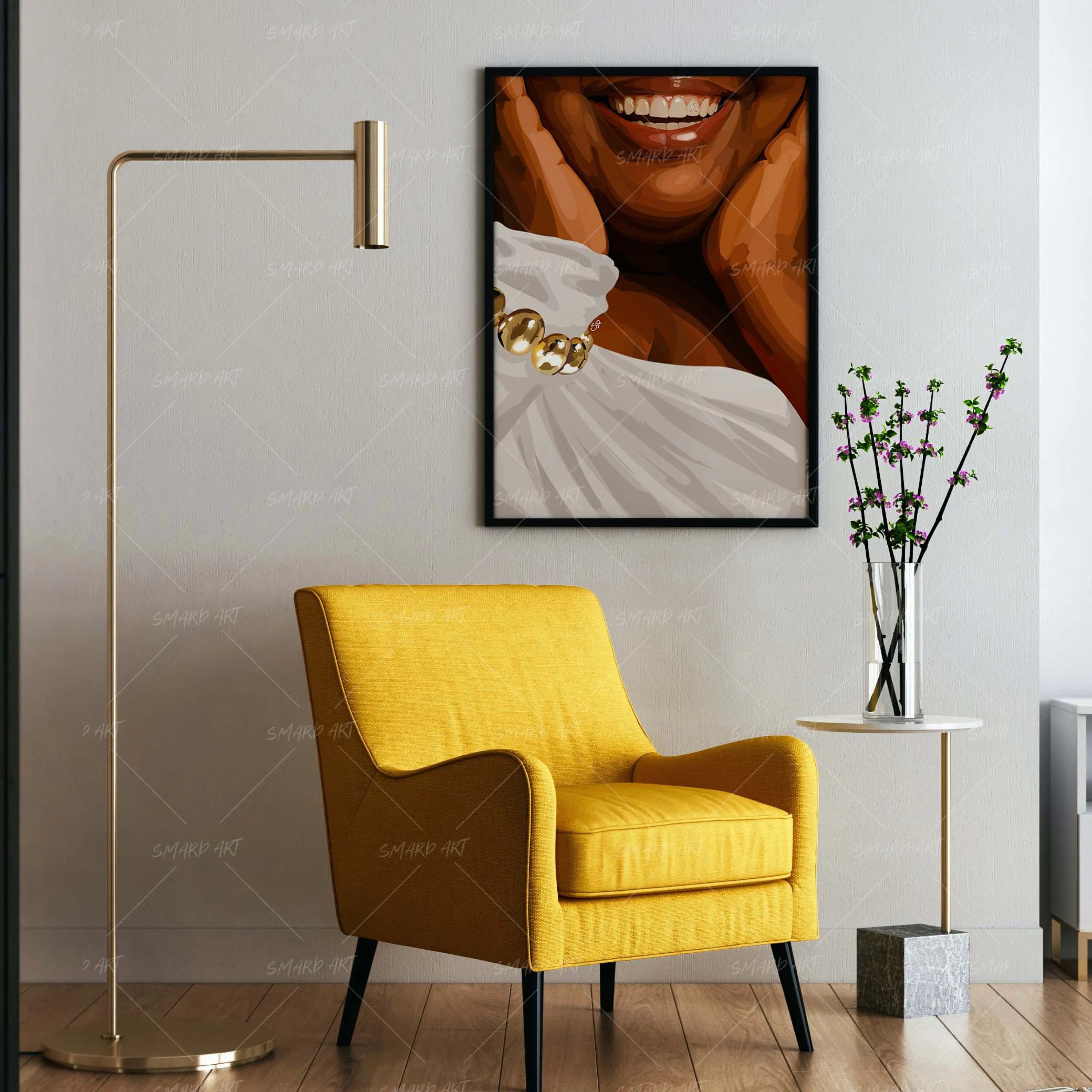 Her Smile-wall art print featuring decorative artistic design suitable for living rooms, offices, and schools by SmardArt. Elevate your space with Black wall art that speaks to culture, identity, and creativity. At Smard, we celebrate artistry made with melanin, bringing powerful and inspiring designs to life.
