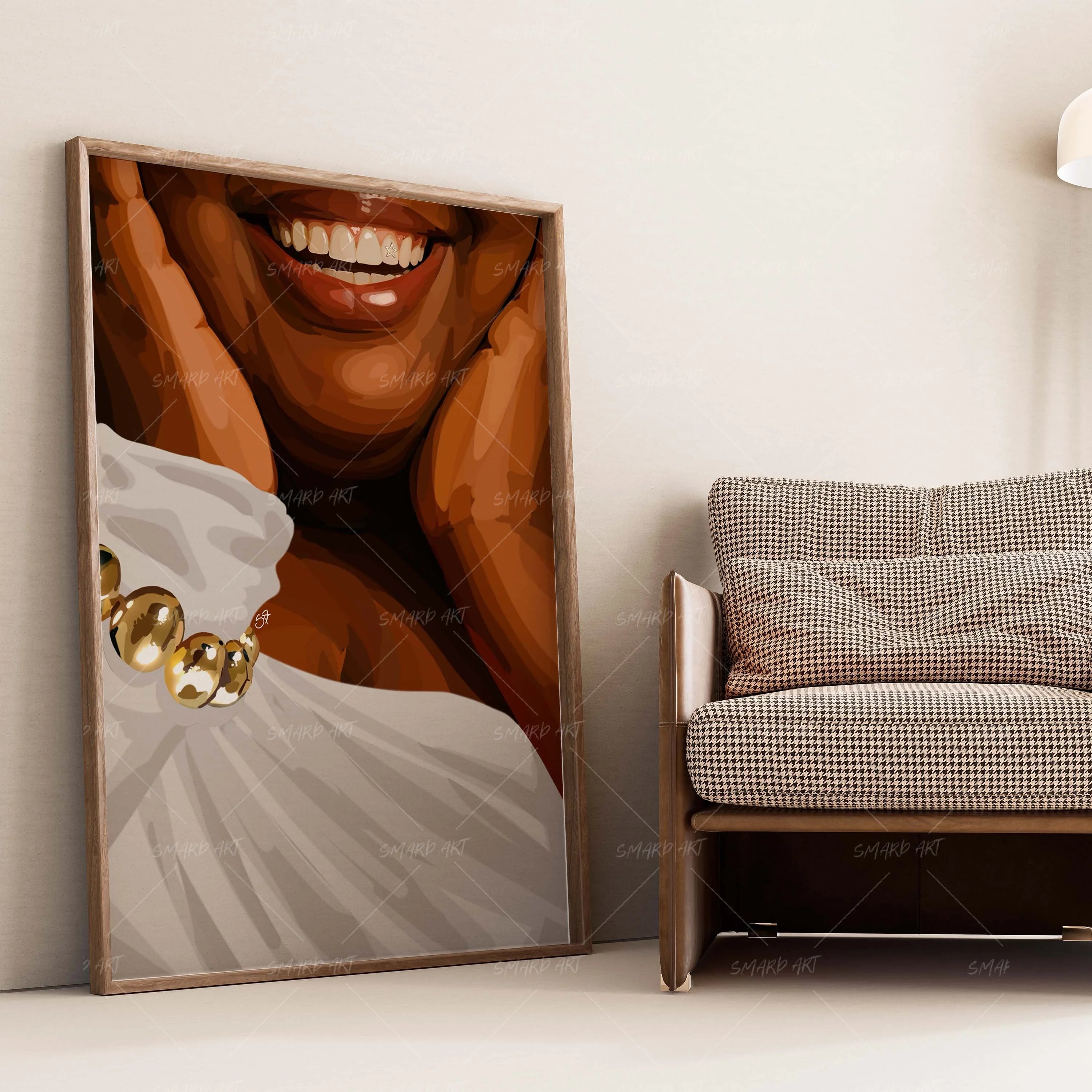 Her Smile-wall art print featuring decorative artistic design suitable for living rooms, offices, and schools by SmardArt. Elevate your space with Black wall art that speaks to culture, identity, and creativity. At Smard, we celebrate artistry made with melanin, bringing powerful and inspiring designs to life.