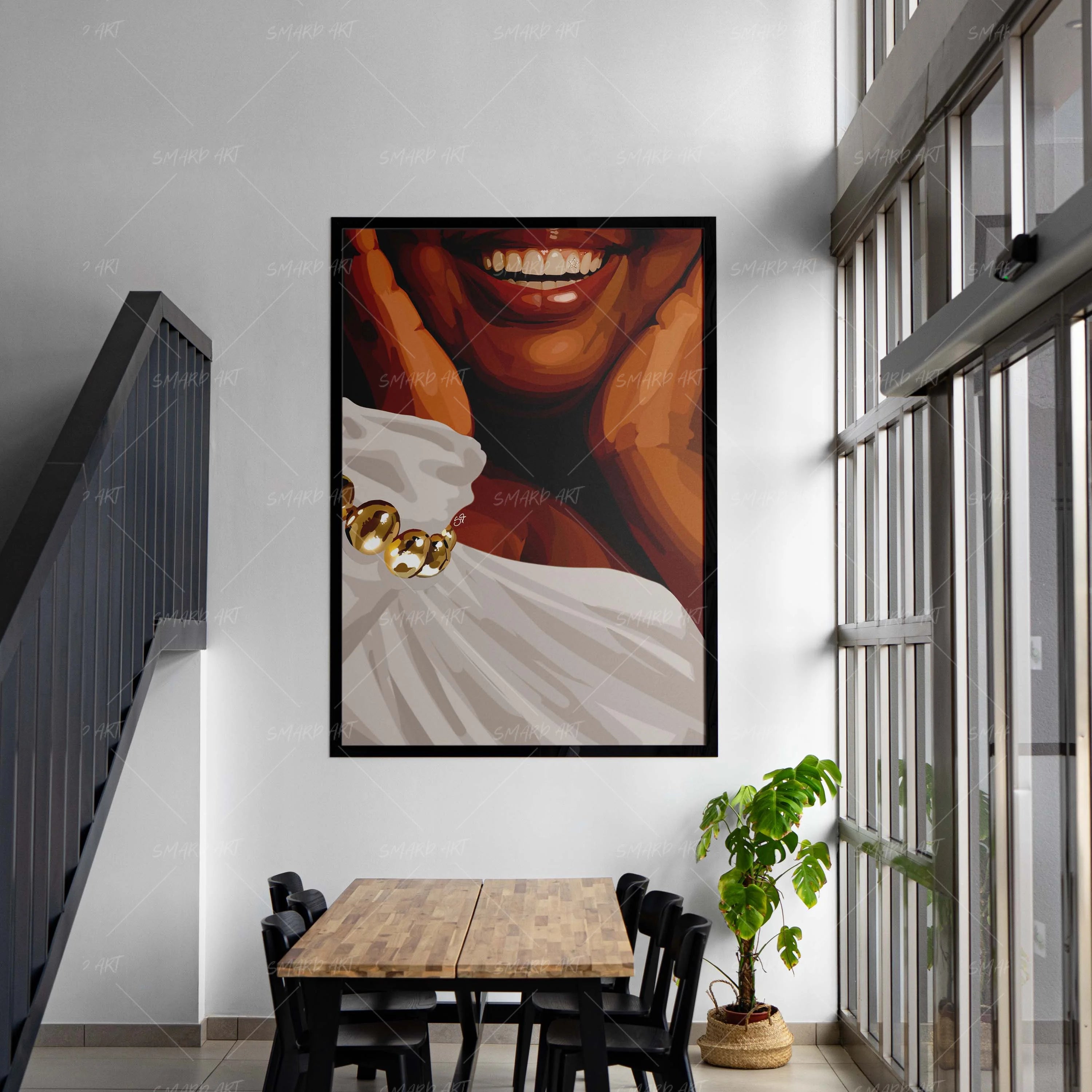 Her Smile-wall art print featuring decorative artistic design suitable for living rooms, offices, and schools by SmardArt. Elevate your space with Black wall art that speaks to culture, identity, and creativity. At Smard, we celebrate artistry made with melanin, bringing powerful and inspiring designs to life.