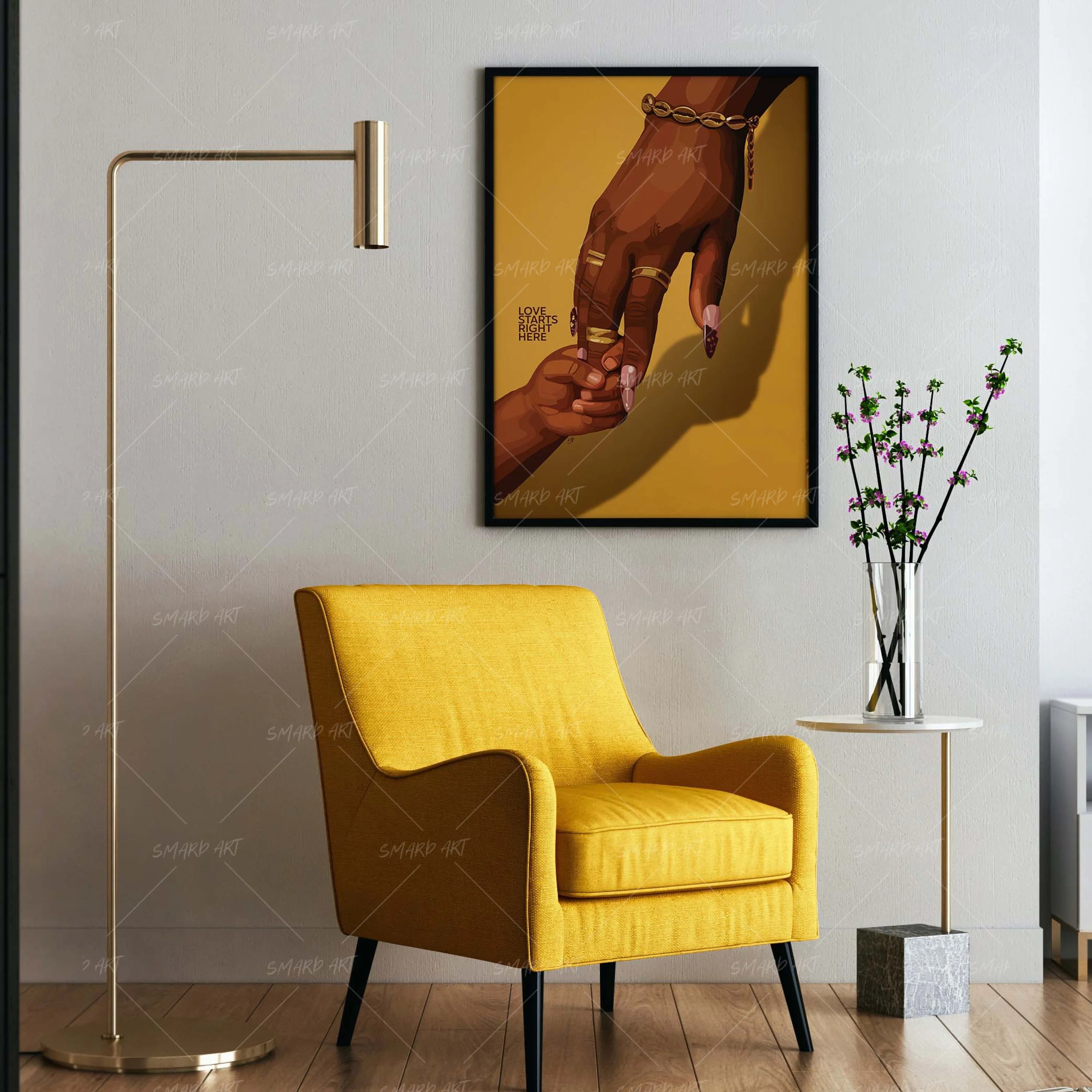 Love Starts Right Here-wall art print featuring decorative artistic design suitable for living rooms, offices, and schools by SmardArt. Elevate your space with Black wall art that speaks to culture, identity, and creativity. At Smard, we celebrate artistry made with melanin, bringing powerful and inspiring designs to life.