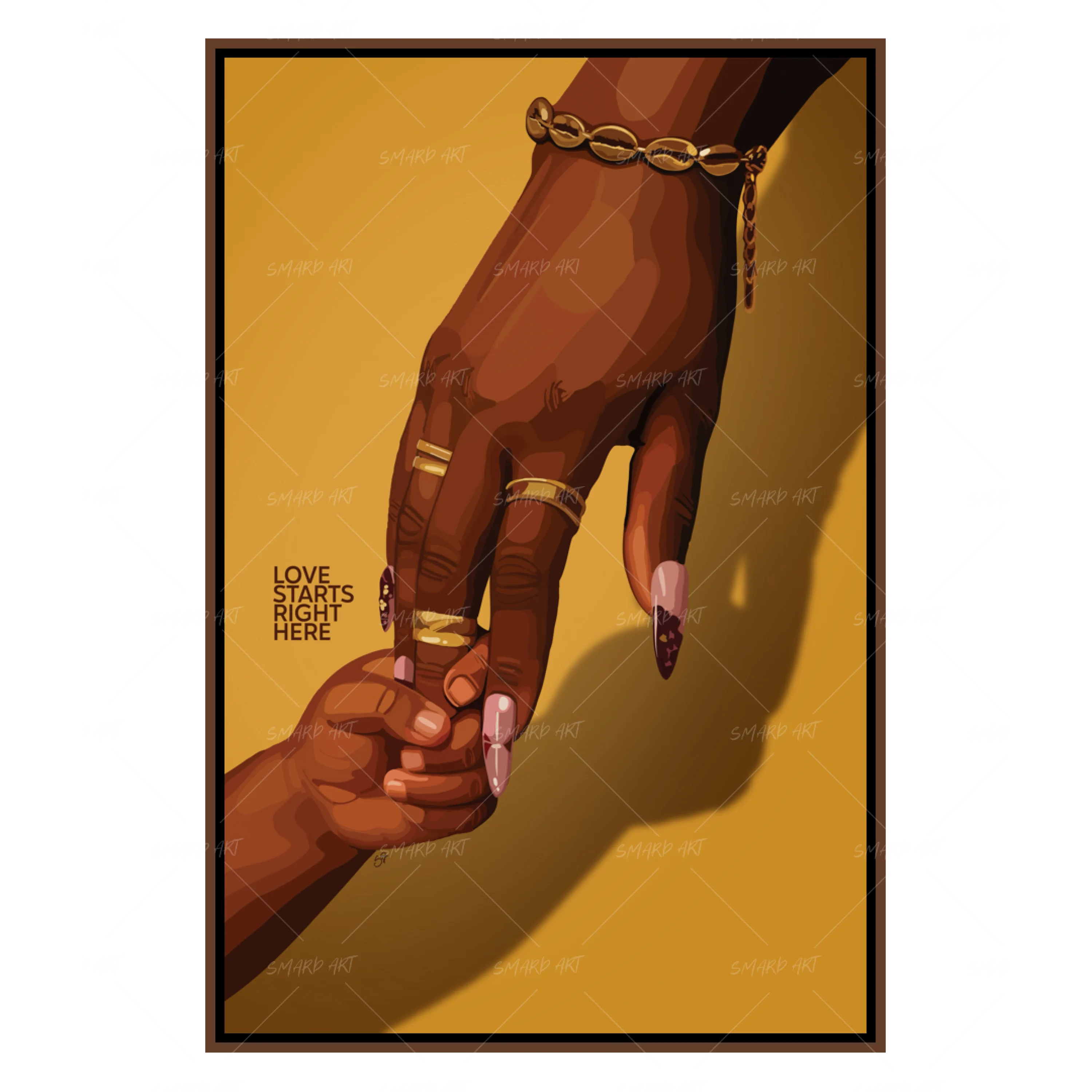 Love Starts Right Here-wall art print featuring decorative artistic design suitable for living rooms, offices, and schools by SmardArt. Elevate your space with Black wall art that speaks to culture, identity, and creativity. At Smard, we celebrate artistry made with melanin, bringing powerful and inspiring designs to life.