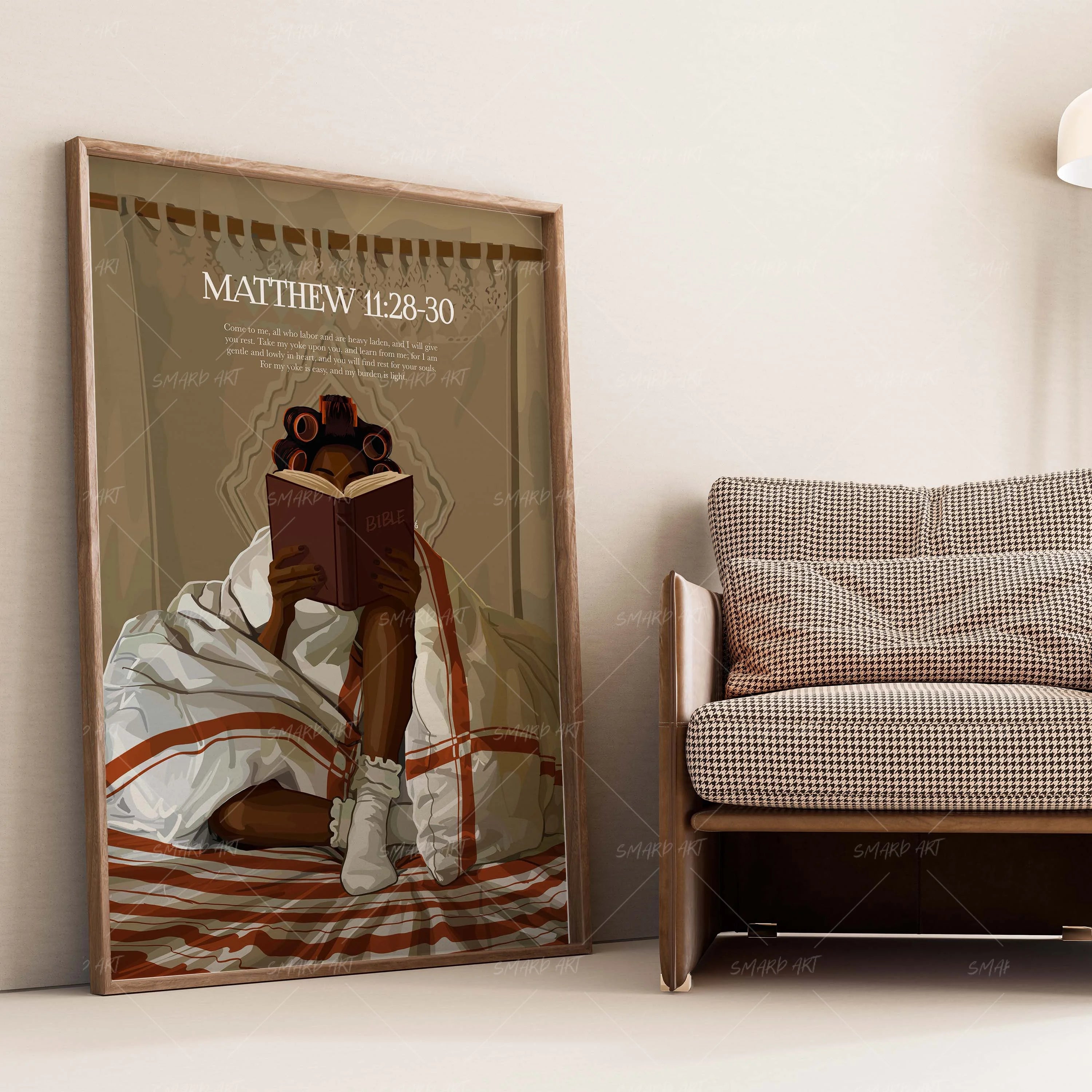 Matthew 11:28-30-wall art print featuring decorative artistic design suitable for living rooms, offices, and schools by SmardArt. Elevate your space with Black wall art that speaks to culture, identity, and creativity. At Smard, we celebrate artistry made with melanin, bringing powerful and inspiring designs to life.