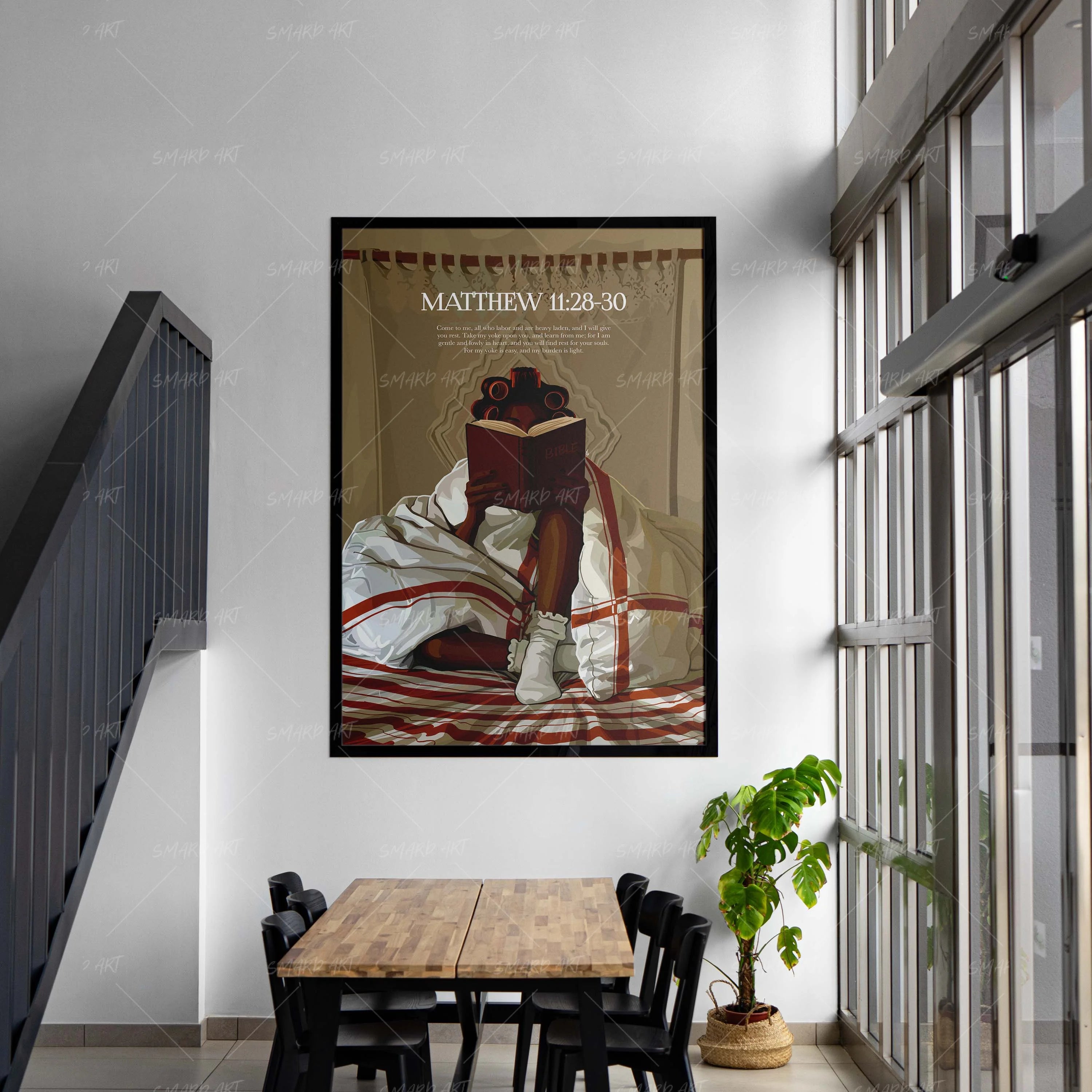 Matthew 11:28-30-wall art print featuring decorative artistic design suitable for living rooms, offices, and schools by SmardArt. Elevate your space with Black wall art that speaks to culture, identity, and creativity. At Smard, we celebrate artistry made with melanin, bringing powerful and inspiring designs to life.