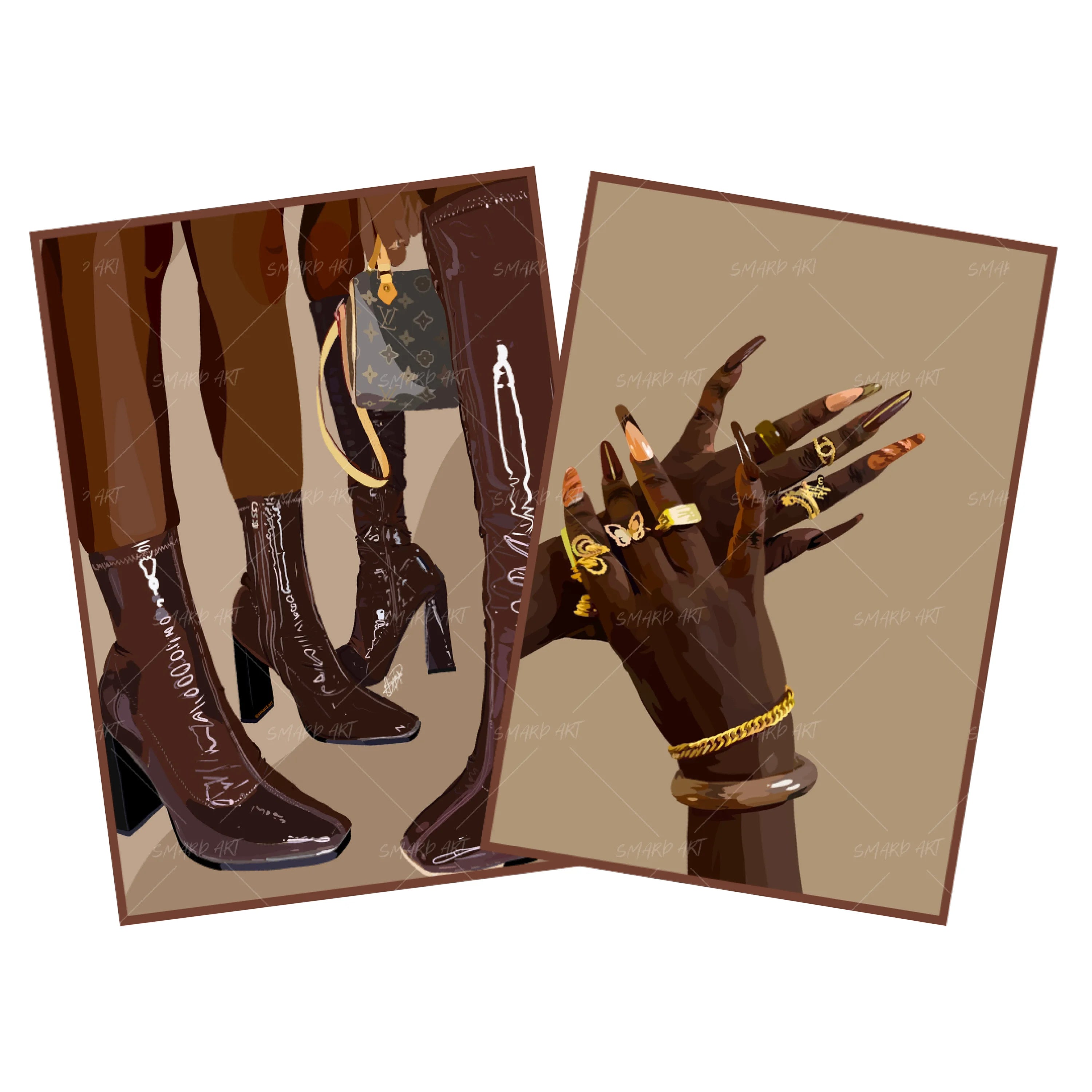 Art Print Bundle : Brown Boots + Bling'd Out II-wall art print featuring decorative artistic design suitable for living rooms, offices, and schools by SmardArt. Elevate your space with Black wall art that speaks to culture, identity, and creativity. At Smard, we celebrate artistry made with melanin, bringing powerful and inspiring designs to life.