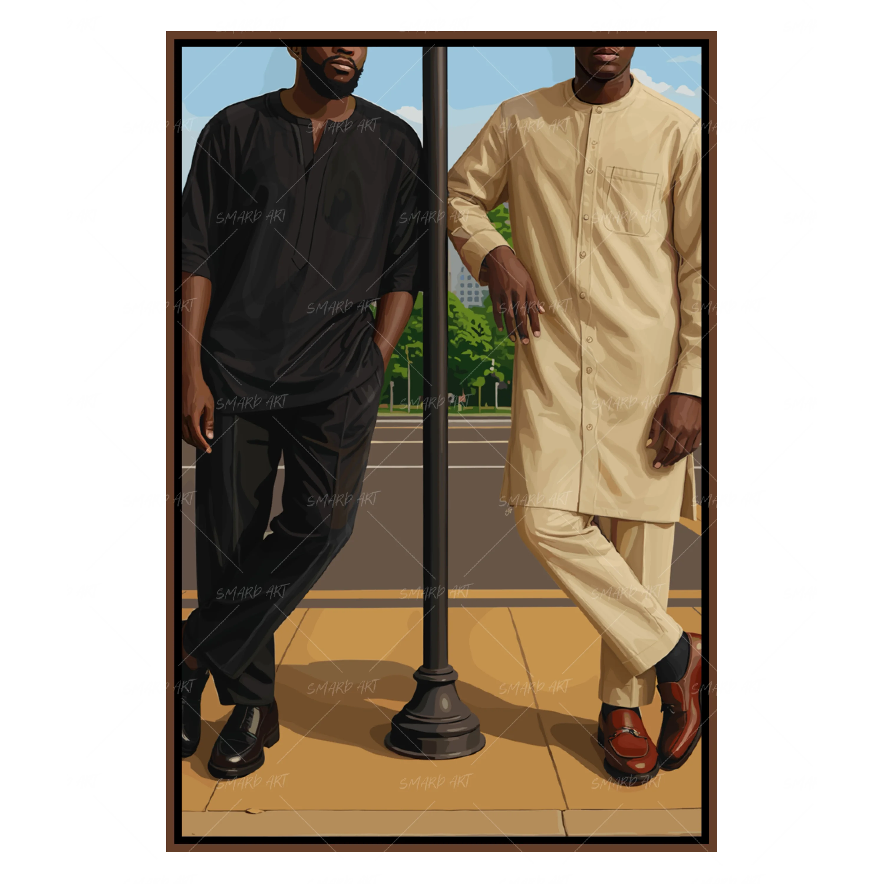 Men In Kaftan-wall art print featuring decorative artistic design suitable for living rooms, offices, and schools by SmardArt. Elevate your space with Black wall art that speaks to culture, identity, and creativity. At Smard, we celebrate artistry made with melanin, bringing powerful and inspiring designs to life.