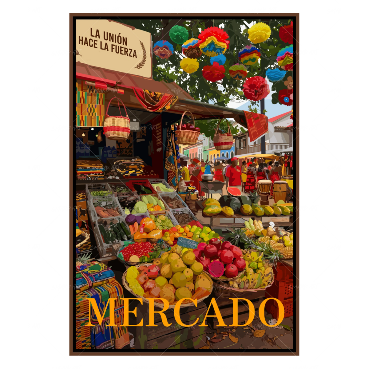 Mercado-wall art print featuring decorative artistic design suitable for living rooms, offices, and schools by SmardArt. Elevate your space with Black wall art that speaks to culture, identity, and creativity. At Smard, we celebrate artistry made with melanin, bringing powerful and inspiring designs to life.