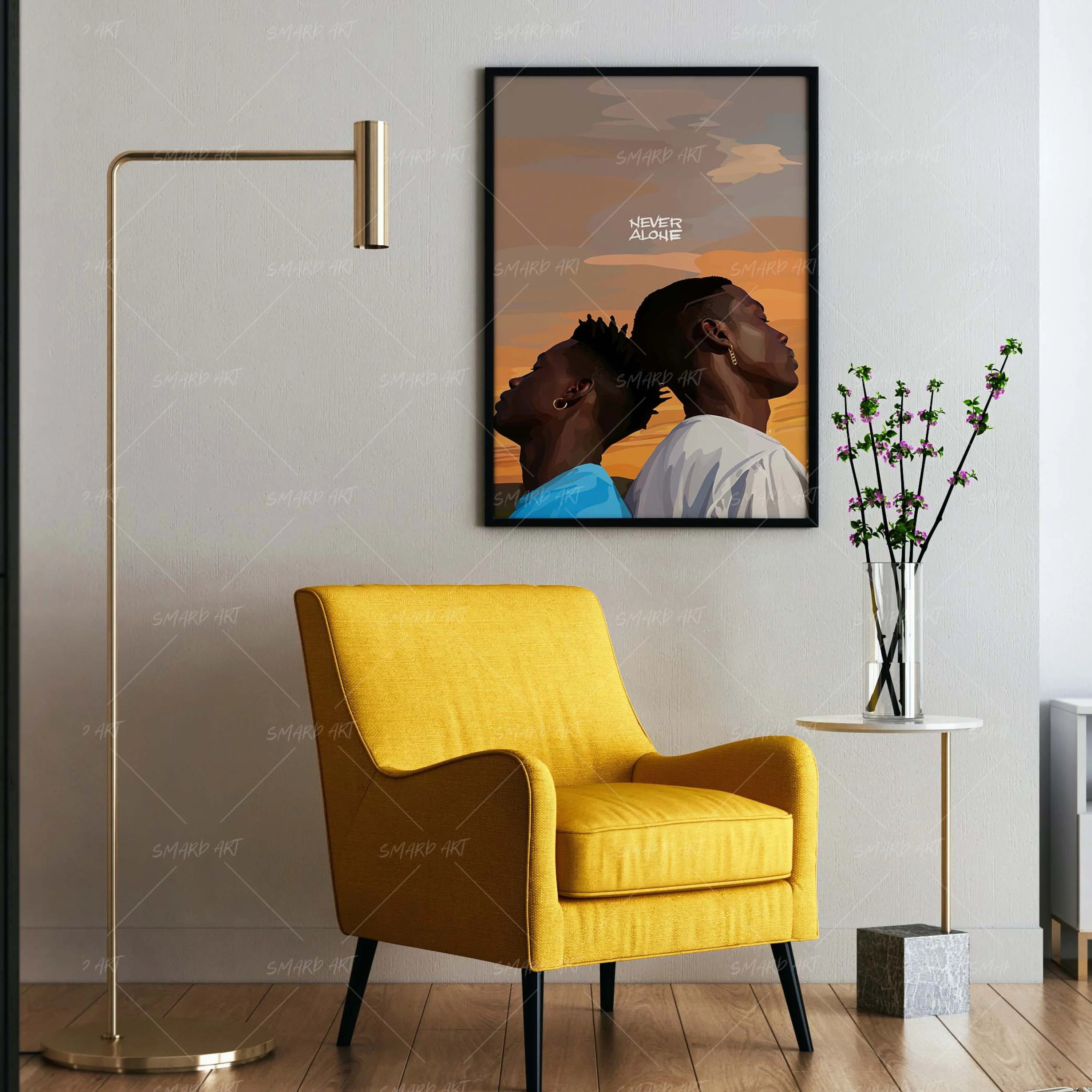 Never Alone-wall art print featuring decorative artistic design suitable for living rooms, offices, and schools by SmardArt. Elevate your space with Black wall art that speaks to culture, identity, and creativity. At Smard, we celebrate artistry made with melanin, bringing powerful and inspiring designs to life.