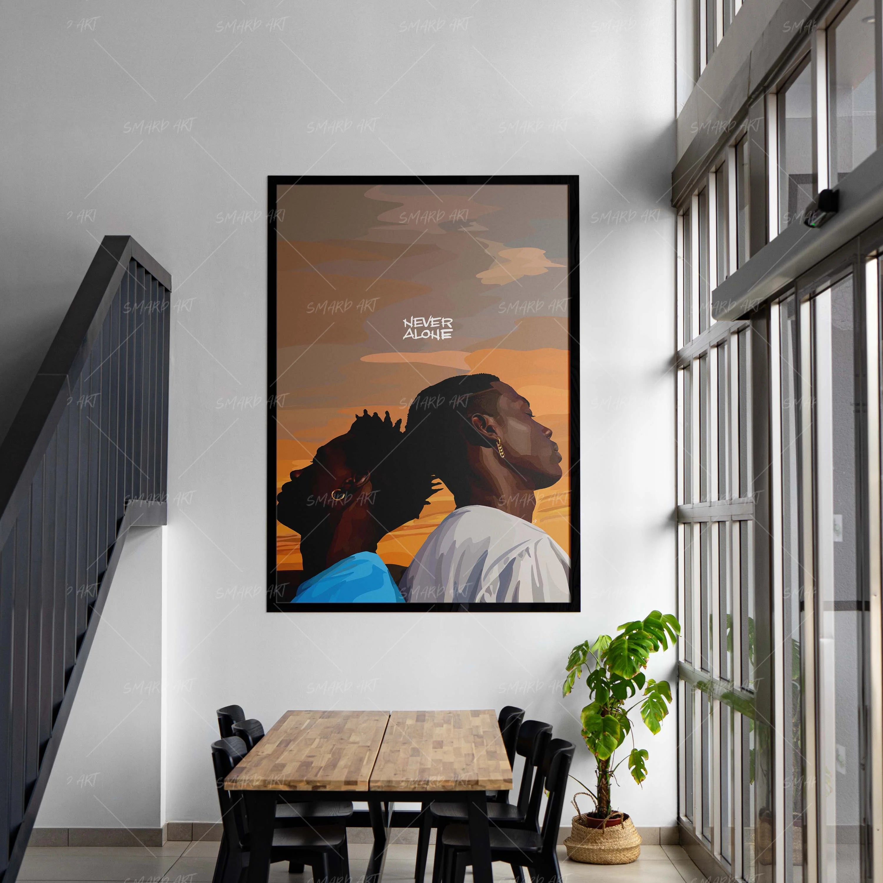 Never Alone-wall art print featuring decorative artistic design suitable for living rooms, offices, and schools by SmardArt. Elevate your space with Black wall art that speaks to culture, identity, and creativity. At Smard, we celebrate artistry made with melanin, bringing powerful and inspiring designs to life.