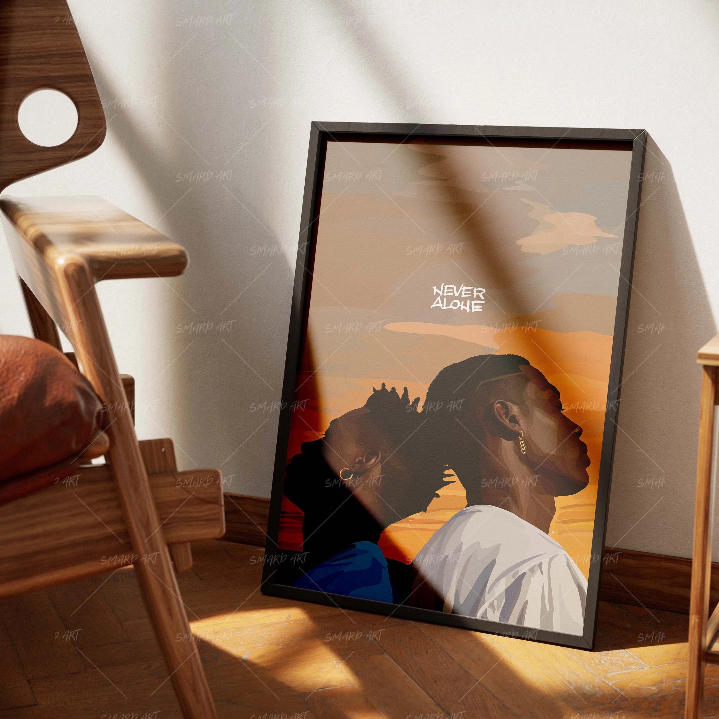 Never Alone-wall art print featuring decorative artistic design suitable for living rooms, offices, and schools by SmardArt. Elevate your space with Black wall art that speaks to culture, identity, and creativity. At Smard, we celebrate artistry made with melanin, bringing powerful and inspiring designs to life.