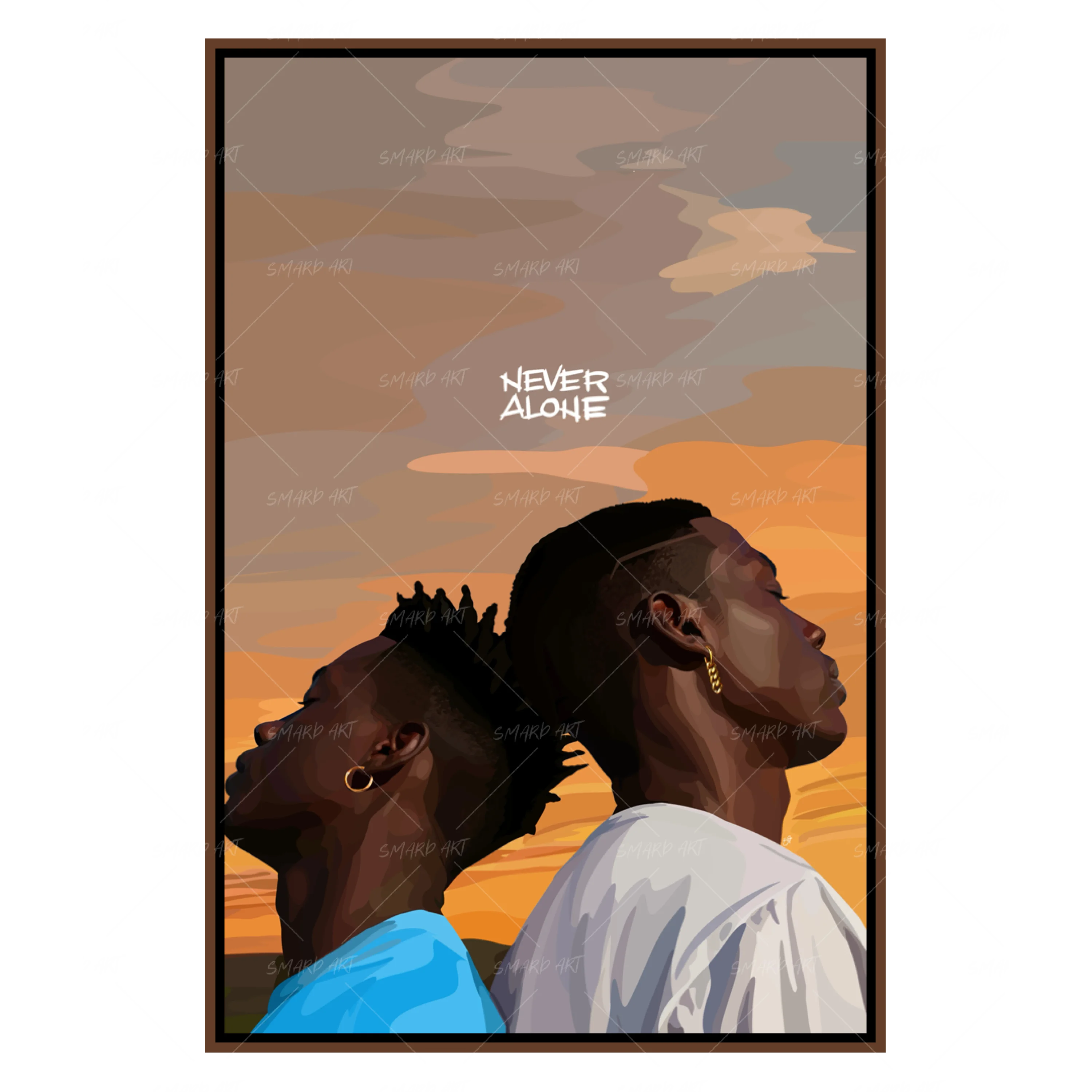 Never Alone-wall art print featuring decorative artistic design suitable for living rooms, offices, and schools by SmardArt. Elevate your space with Black wall art that speaks to culture, identity, and creativity. At Smard, we celebrate artistry made with melanin, bringing powerful and inspiring designs to life.