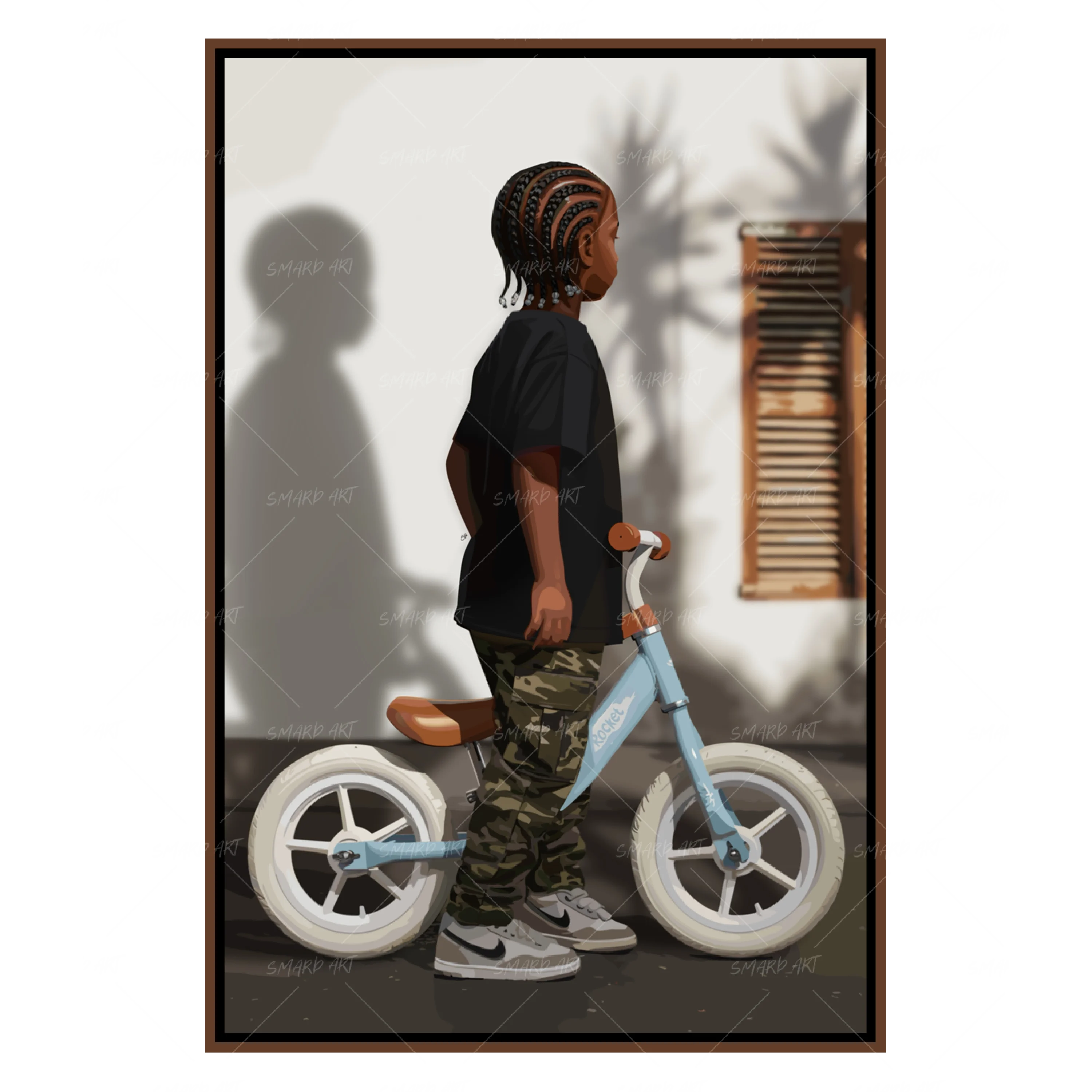Pedal Power-wall art print featuring decorative artistic design suitable for living rooms, offices, and schools by SmardArt. Elevate your space with Black wall art that speaks to culture, identity, and creativity. At Smard, we celebrate artistry made with melanin, bringing powerful and inspiring designs to life.