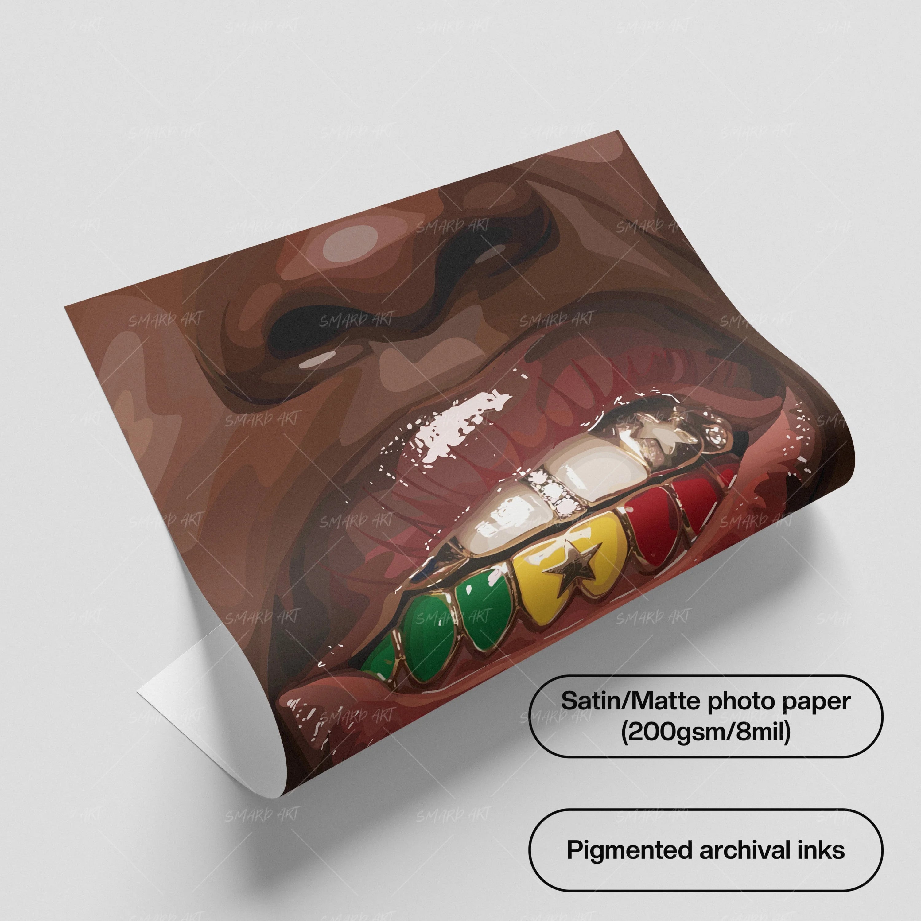 Senegal Grillz-wall art print featuring decorative artistic design suitable for living rooms, offices, and schools by SmardArt. Elevate your space with Black wall art that speaks to culture, identity, and creativity. At Smard, we celebrate artistry made with melanin, bringing powerful and inspiring designs to life.