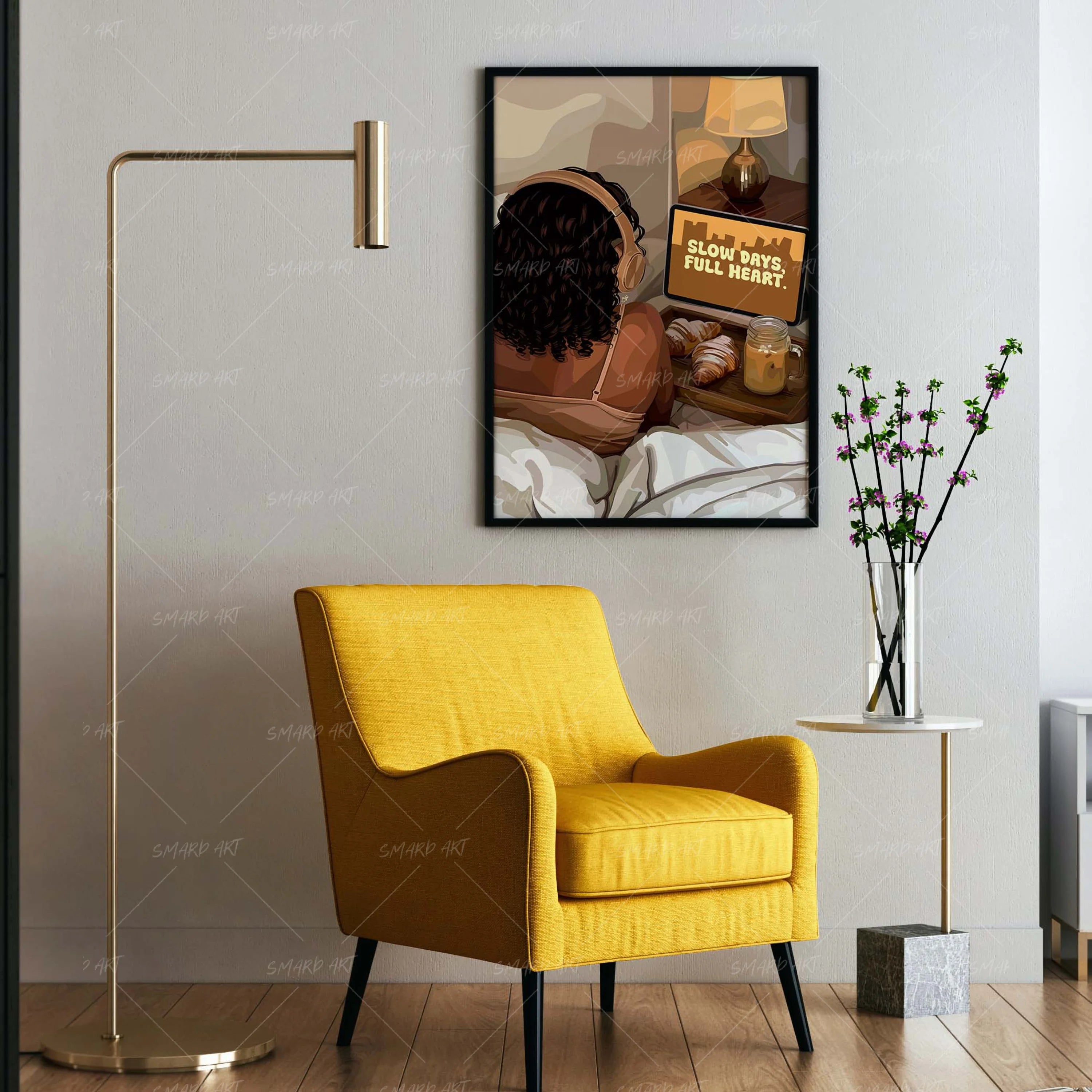 Slow Days, Full Heart-wall art print featuring decorative artistic design suitable for living rooms, offices, and schools by SmardArt. Elevate your space with Black wall art that speaks to culture, identity, and creativity. At Smard, we celebrate artistry made with melanin, bringing powerful and inspiring designs to life.