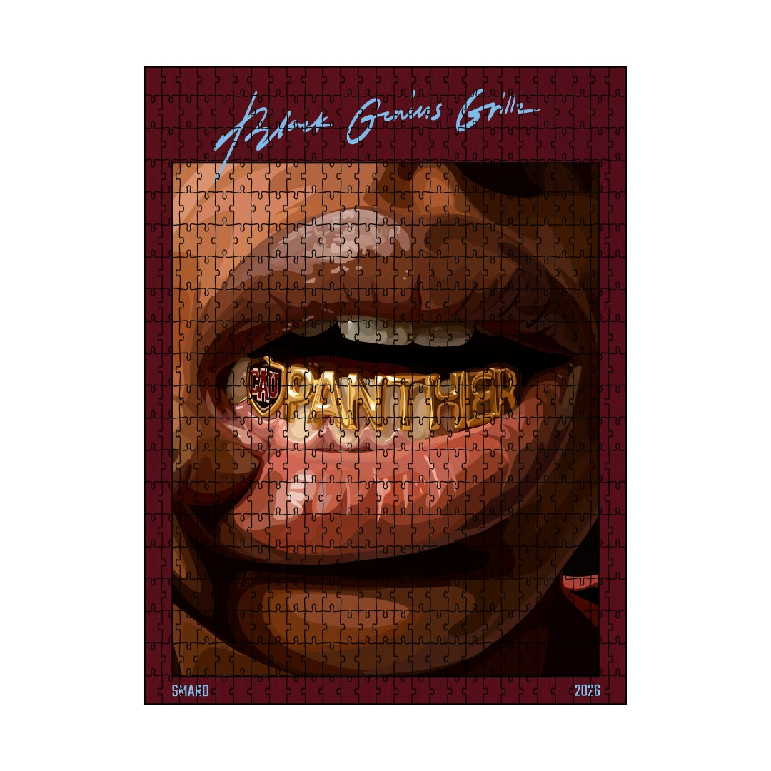Blck Genius Grillz Puzzle-wall art print featuring decorative artistic design suitable for living rooms, offices, and schools by SmardArt. Elevate your space with Black wall art that speaks to culture, identity, and creativity. At Smard, we celebrate artistry made with melanin, bringing powerful and inspiring designs to life.