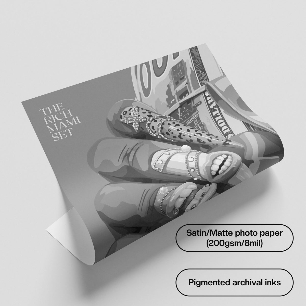 The Rich Mami Set (B/W)-wall art print featuring decorative artistic design suitable for living rooms, offices, and schools by SmardArt. Elevate your space with Black wall art that speaks to culture, identity, and creativity. At Smard, we celebrate artistry made with melanin, bringing powerful and inspiring designs to life.