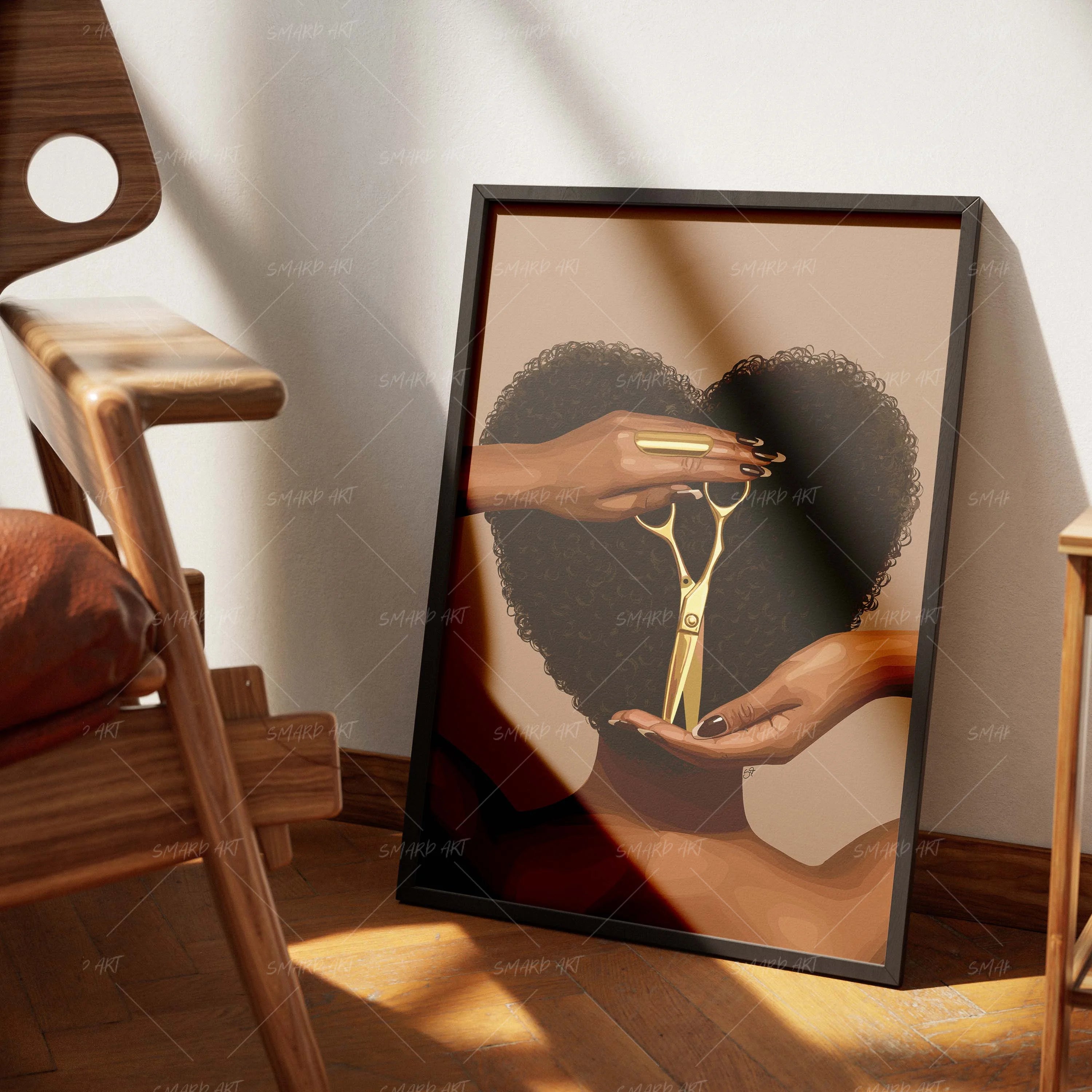 The Big Chop-wall art print featuring decorative artistic design suitable for living rooms, offices, and schools by SmardArt. Elevate your space with Black wall art that speaks to culture, identity, and creativity. At Smard, we celebrate artistry made with melanin, bringing powerful and inspiring designs to life.