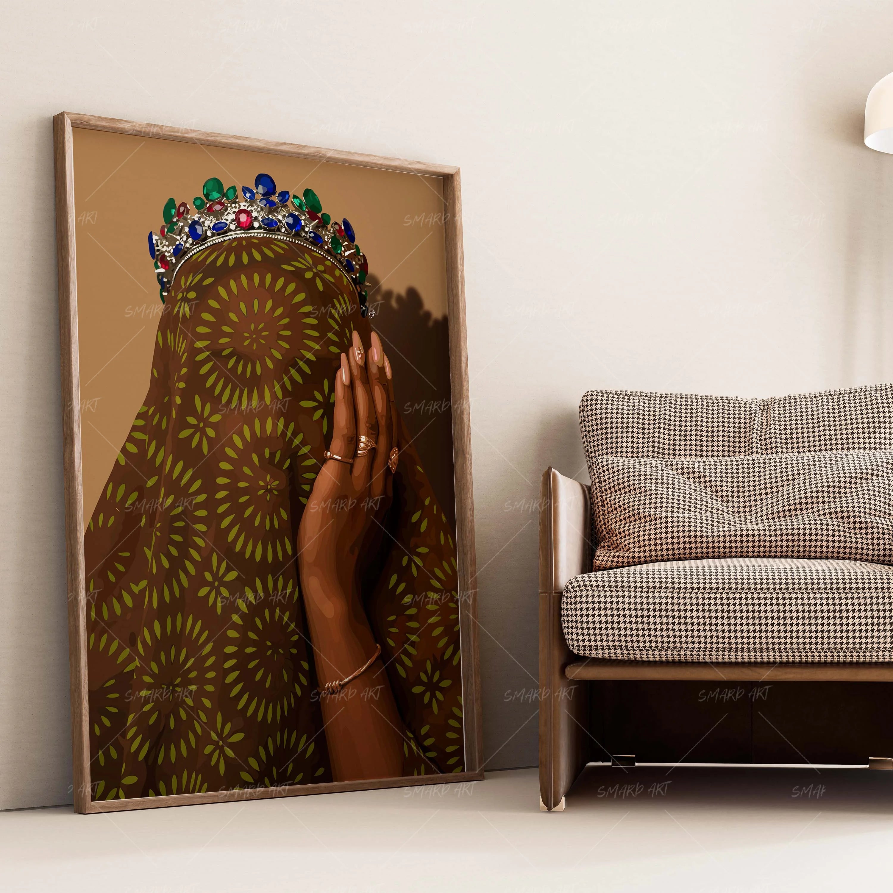 The Royal Wrap-wall art print featuring decorative artistic design suitable for living rooms, offices, and schools by SmardArt. Elevate your space with Black wall art that speaks to culture, identity, and creativity. At Smard, we celebrate artistry made with melanin, bringing powerful and inspiring designs to life.