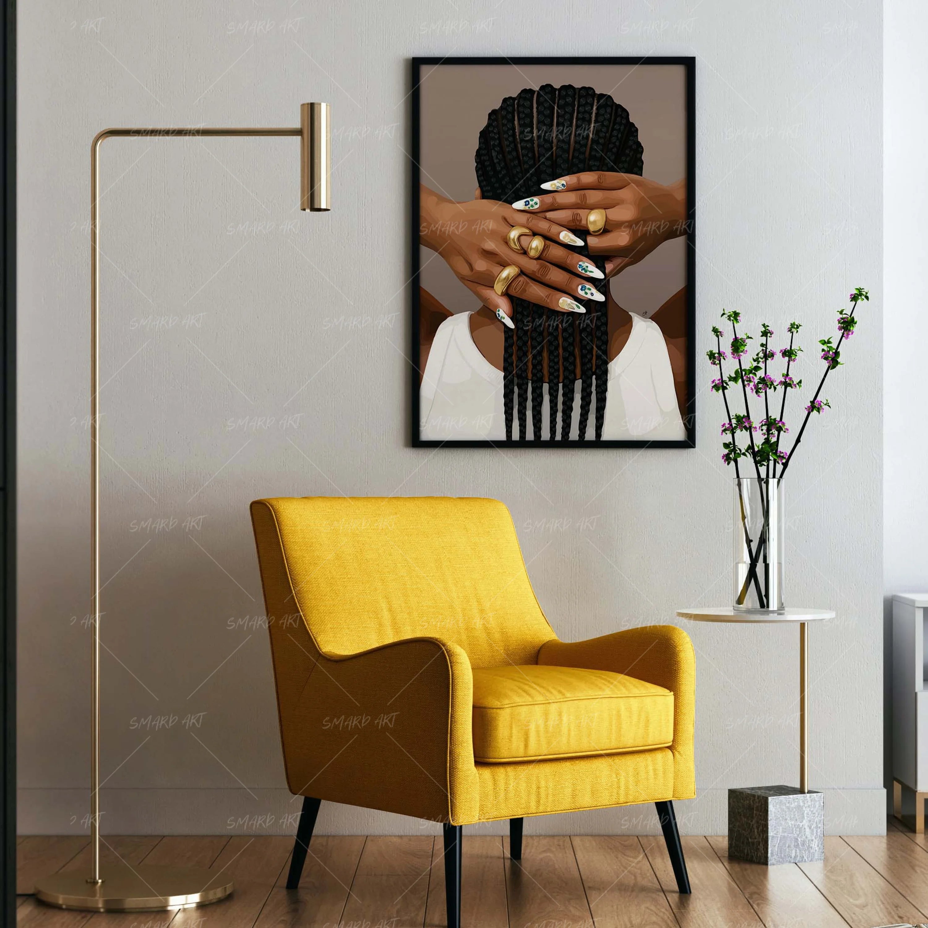 Tressed & Tipped-wall art print featuring decorative artistic design suitable for living rooms, offices, and schools by SmardArt. Elevate your space with Black wall art that speaks to culture, identity, and creativity. At Smard, we celebrate artistry made with melanin, bringing powerful and inspiring designs to life.