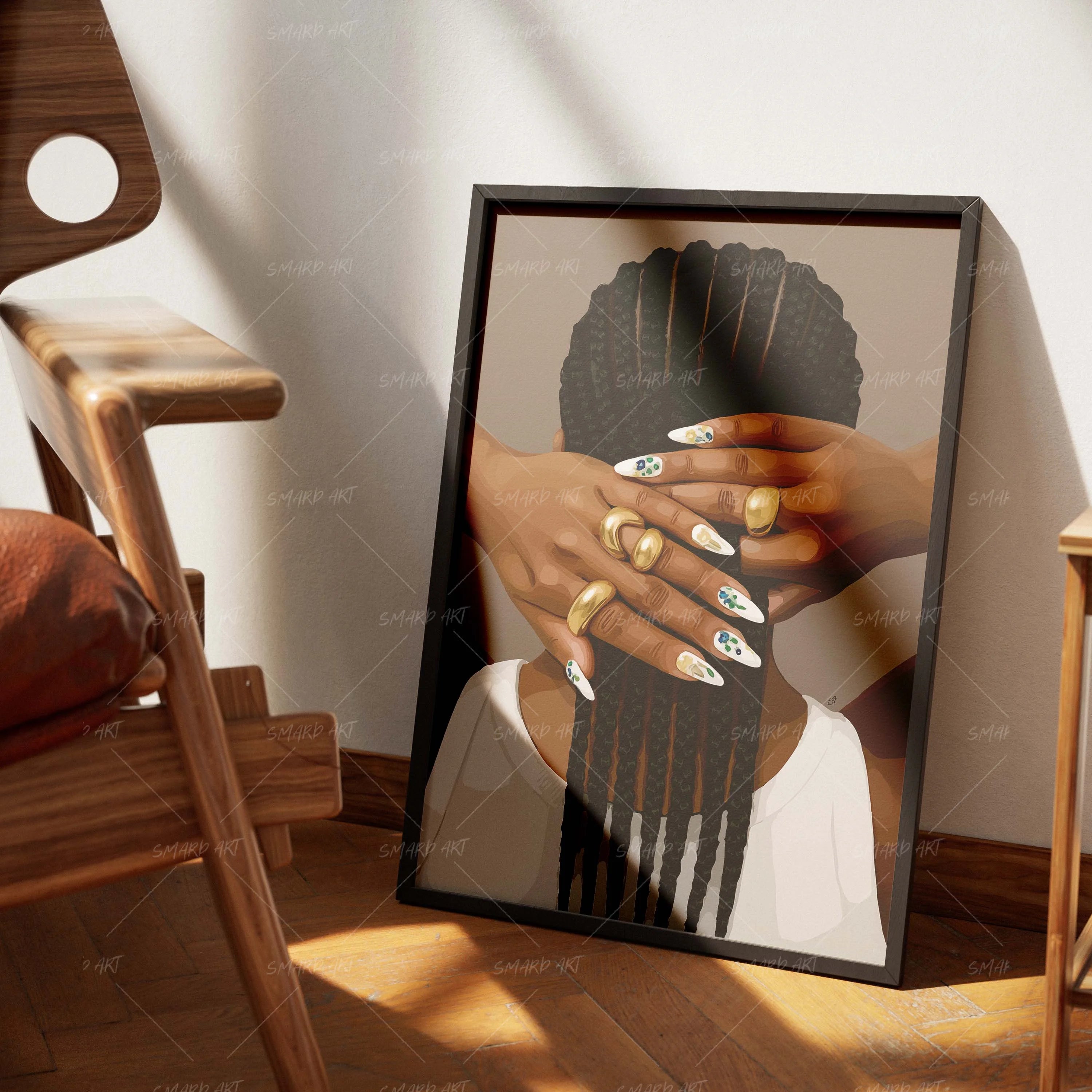 Tressed & Tipped-wall art print featuring decorative artistic design suitable for living rooms, offices, and schools by SmardArt. Elevate your space with Black wall art that speaks to culture, identity, and creativity. At Smard, we celebrate artistry made with melanin, bringing powerful and inspiring designs to life.