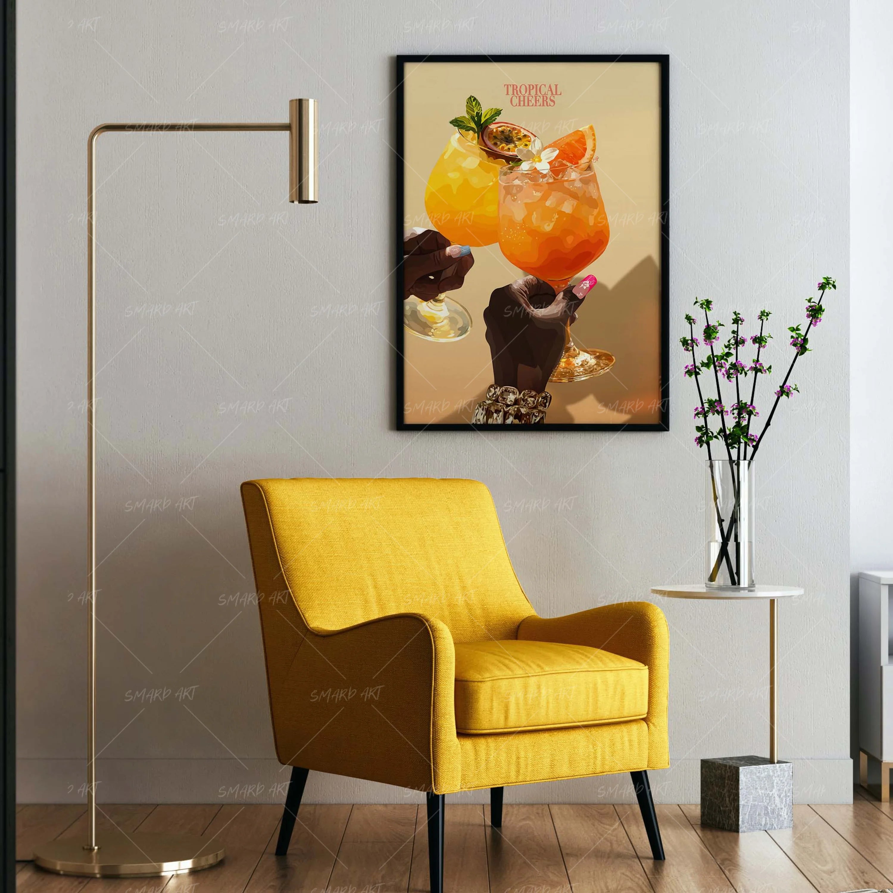 Tropical Cheers-wall art print featuring decorative artistic design suitable for living rooms, offices, and schools by SmardArt. Elevate your space with Black wall art that speaks to culture, identity, and creativity. At Smard, we celebrate artistry made with melanin, bringing powerful and inspiring designs to life.