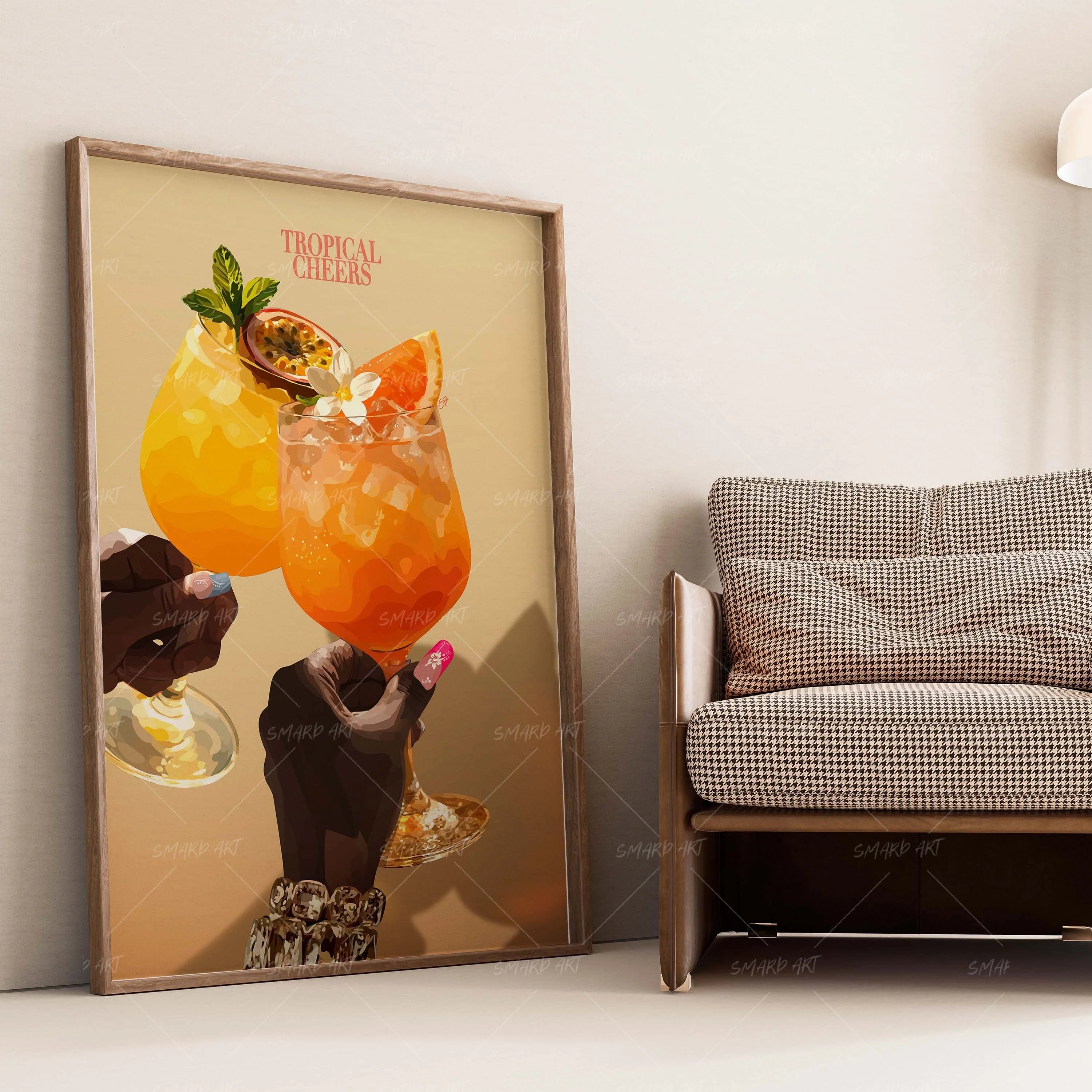 Tropical Cheers-wall art print featuring decorative artistic design suitable for living rooms, offices, and schools by SmardArt. Elevate your space with Black wall art that speaks to culture, identity, and creativity. At Smard, we celebrate artistry made with melanin, bringing powerful and inspiring designs to life.