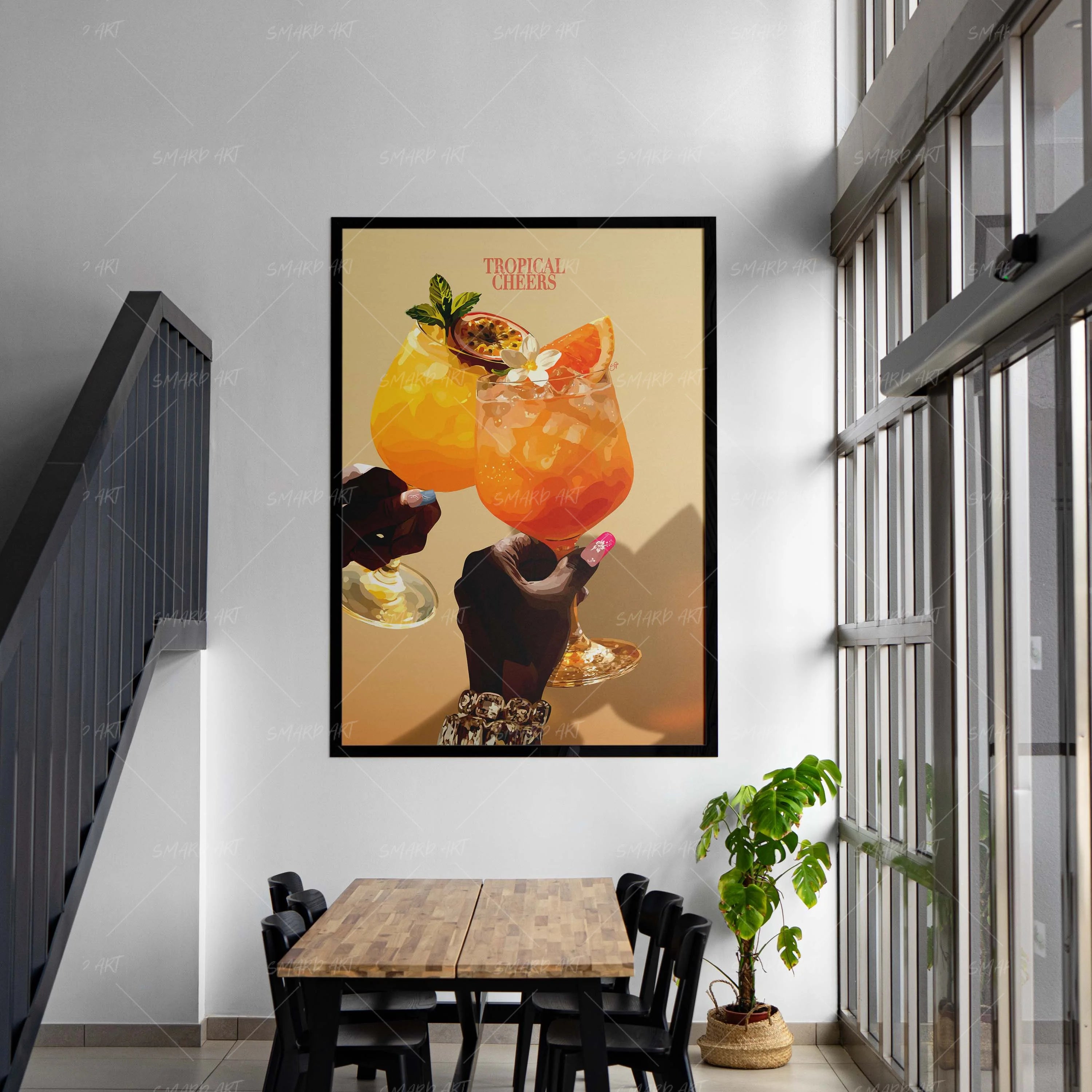 Tropical Cheers-wall art print featuring decorative artistic design suitable for living rooms, offices, and schools by SmardArt. Elevate your space with Black wall art that speaks to culture, identity, and creativity. At Smard, we celebrate artistry made with melanin, bringing powerful and inspiring designs to life.