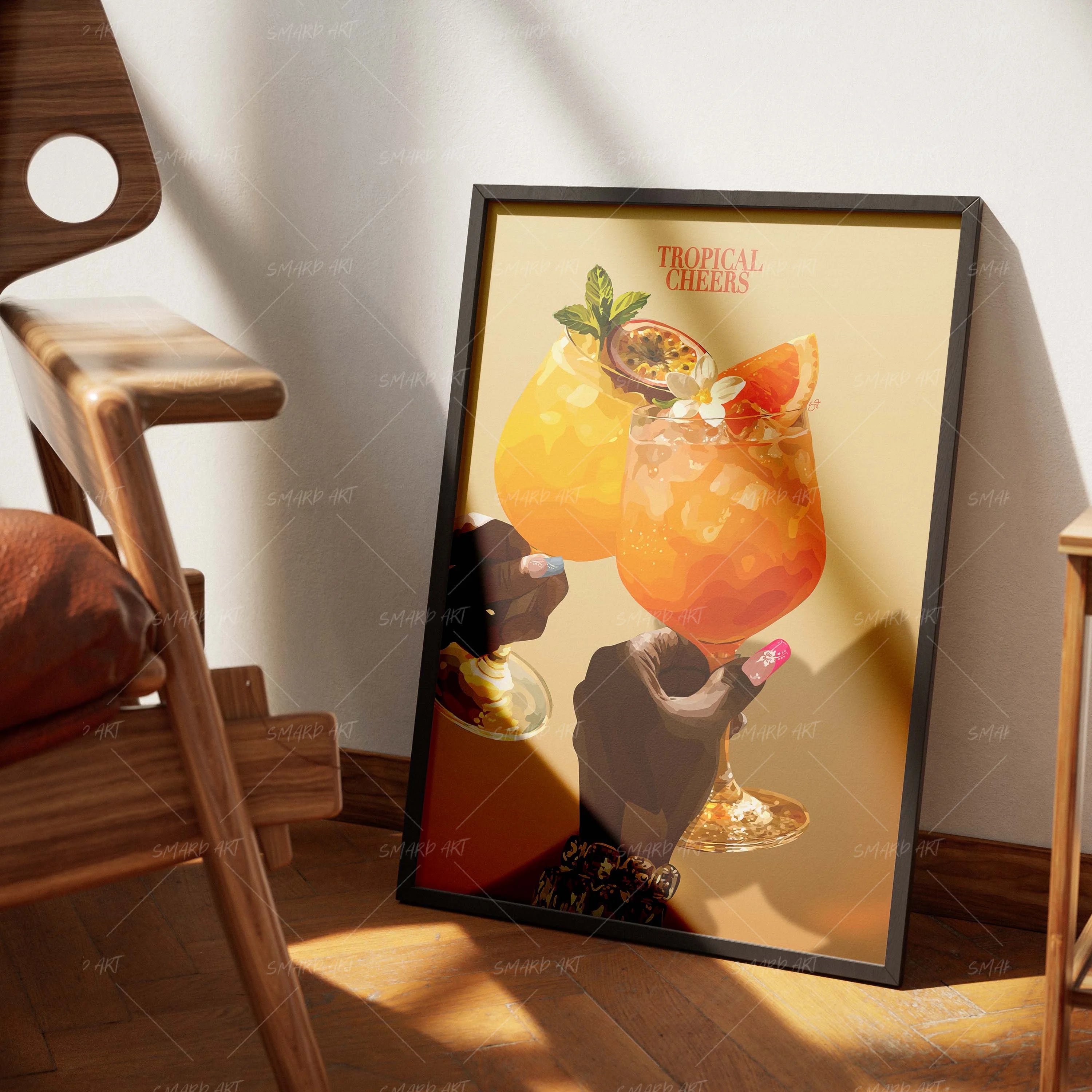 Tropical Cheers-wall art print featuring decorative artistic design suitable for living rooms, offices, and schools by SmardArt. Elevate your space with Black wall art that speaks to culture, identity, and creativity. At Smard, we celebrate artistry made with melanin, bringing powerful and inspiring designs to life.