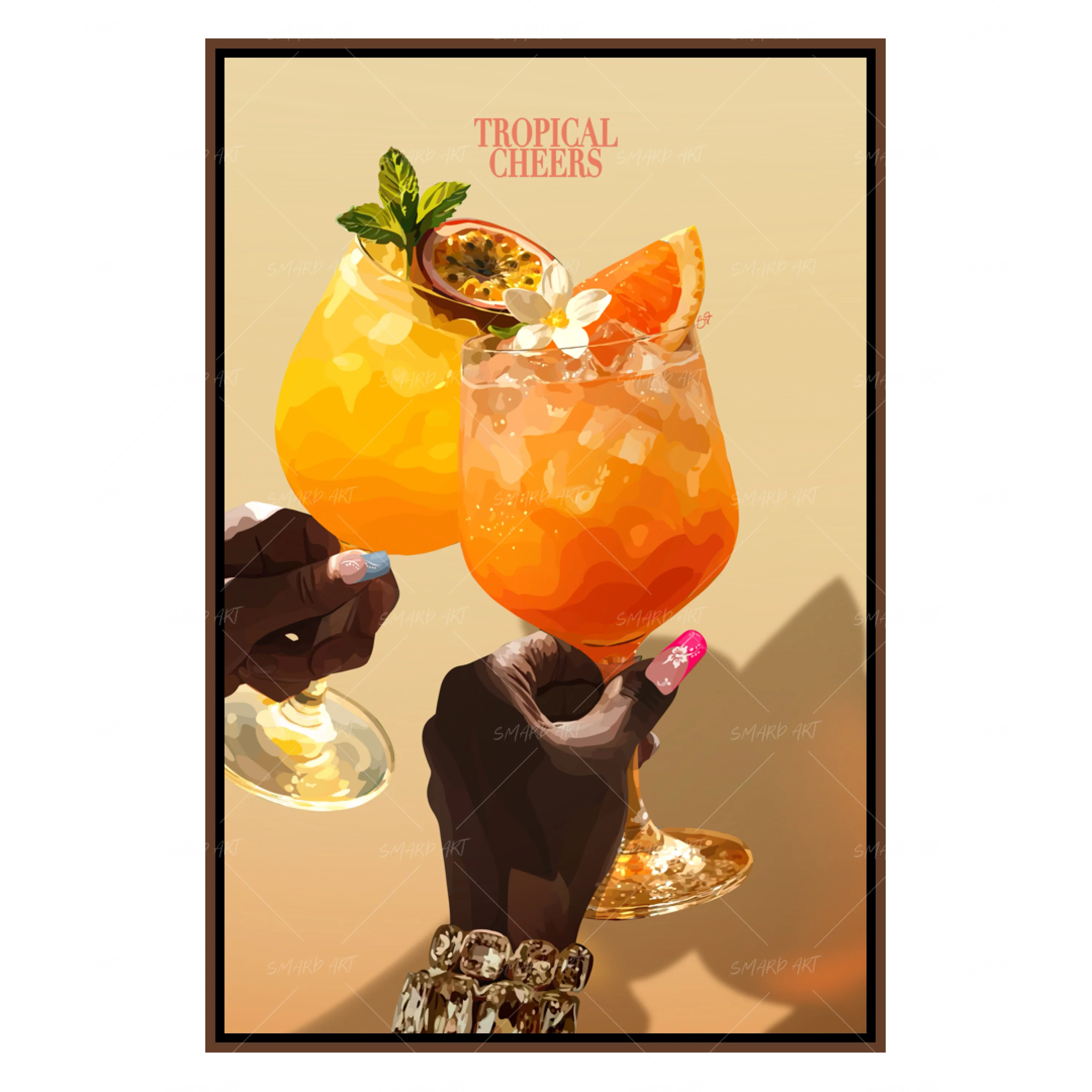 Tropical Cheers-wall art print featuring decorative artistic design suitable for living rooms, offices, and schools by SmardArt. Elevate your space with Black wall art that speaks to culture, identity, and creativity. At Smard, we celebrate artistry made with melanin, bringing powerful and inspiring designs to life.