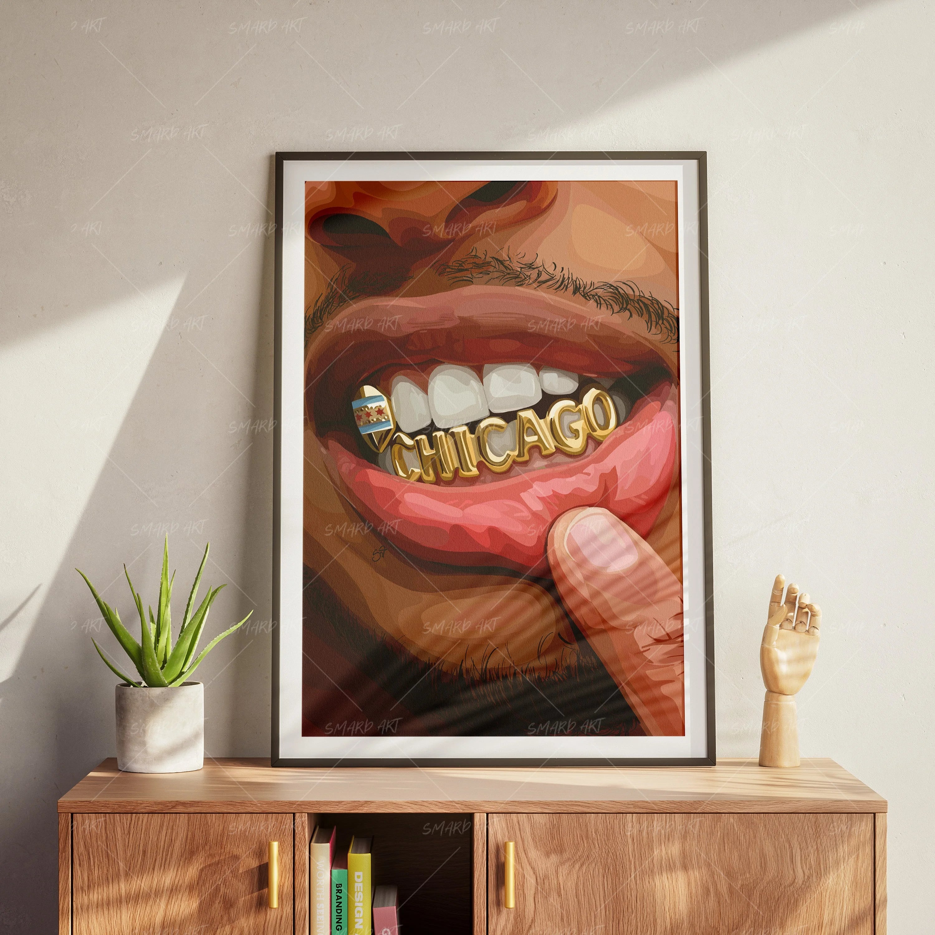 The Windy City Grillz-wall art print featuring decorative artistic design suitable for living rooms, offices, and schools by SmardArt. Elevate your space with Black wall art that speaks to culture, identity, and creativity. At Smard, we celebrate artistry made with melanin, bringing powerful and inspiring designs to life.