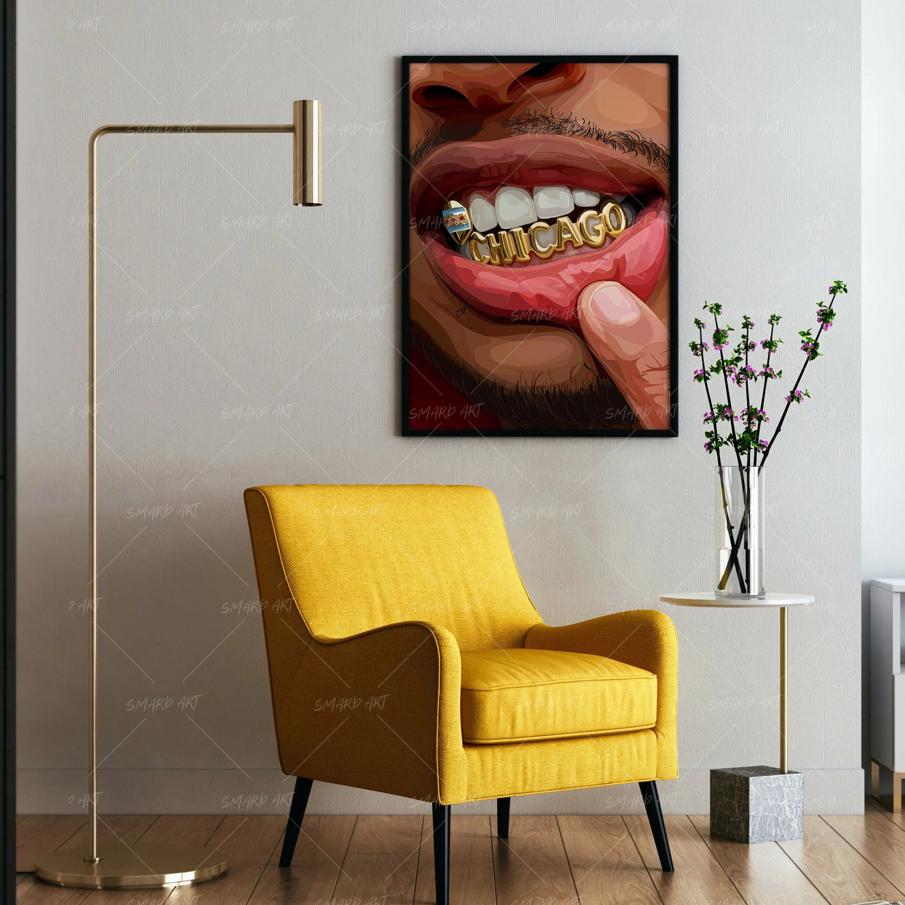 The Windy City Grillz-wall art print featuring decorative artistic design suitable for living rooms, offices, and schools by SmardArt. Elevate your space with Black wall art that speaks to culture, identity, and creativity. At Smard, we celebrate artistry made with melanin, bringing powerful and inspiring designs to life.