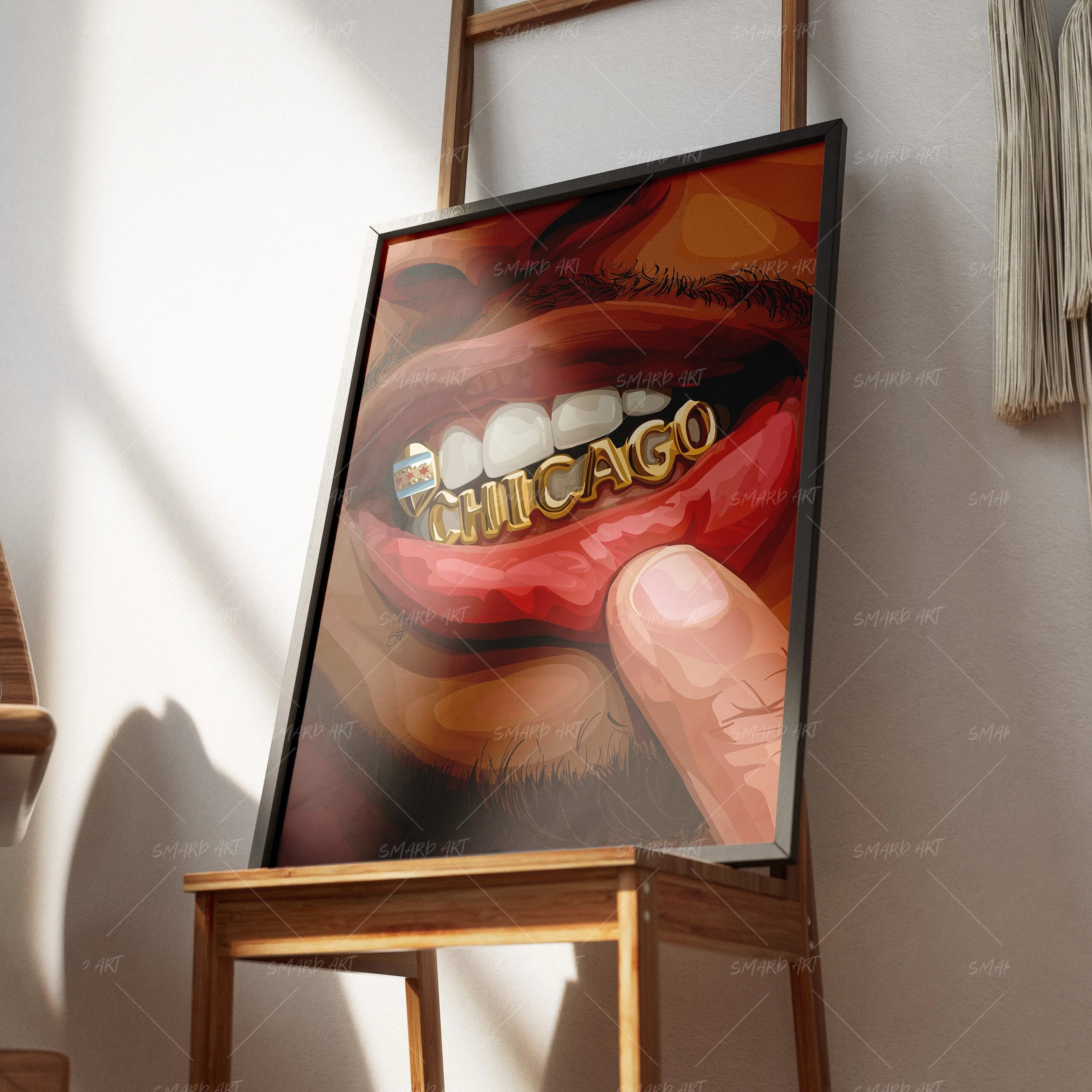 The Windy City Grillz-wall art print featuring decorative artistic design suitable for living rooms, offices, and schools by SmardArt. Elevate your space with Black wall art that speaks to culture, identity, and creativity. At Smard, we celebrate artistry made with melanin, bringing powerful and inspiring designs to life.