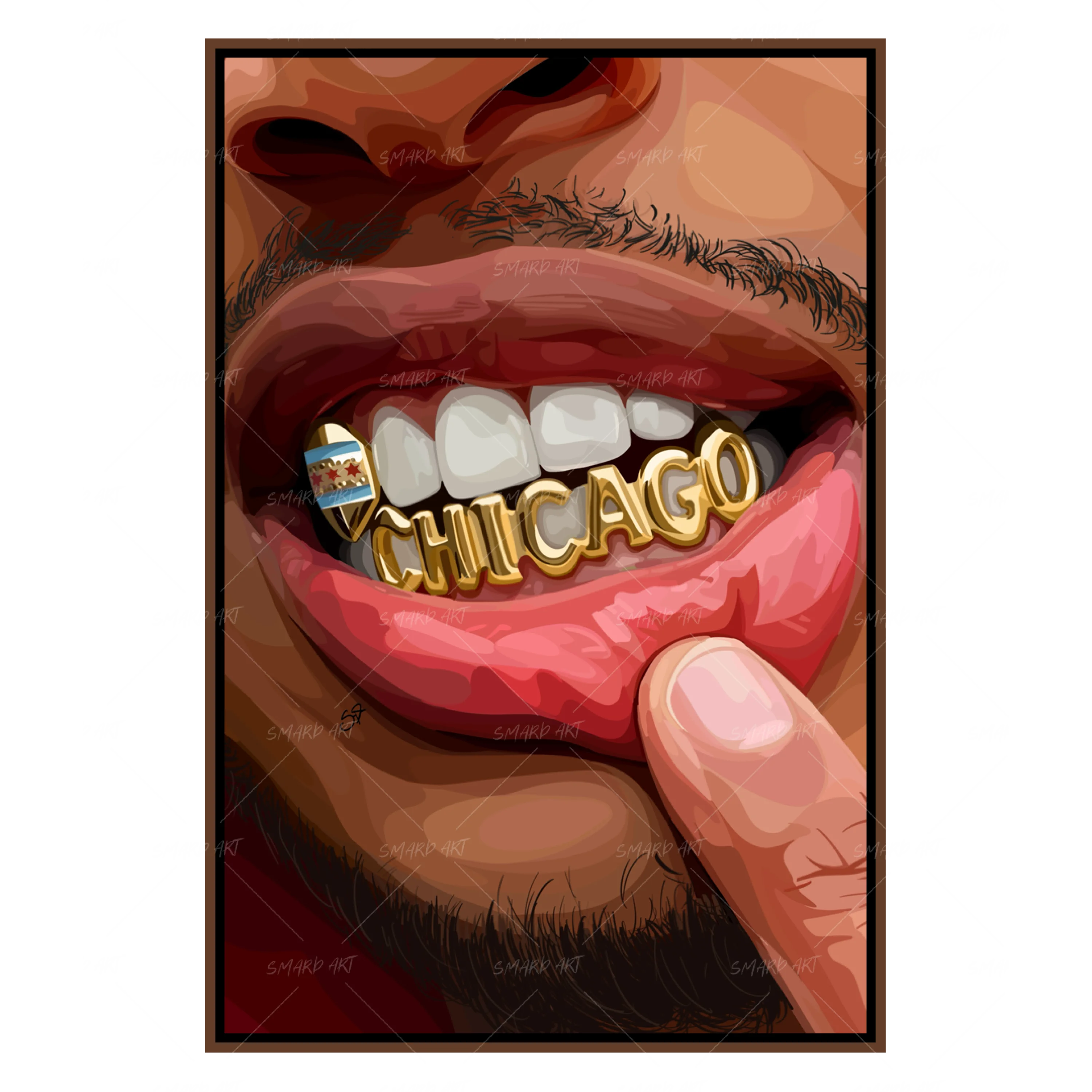 The Windy City Grillz-wall art print featuring decorative artistic design suitable for living rooms, offices, and schools by SmardArt. Elevate your space with Black wall art that speaks to culture, identity, and creativity. At Smard, we celebrate artistry made with melanin, bringing powerful and inspiring designs to life.