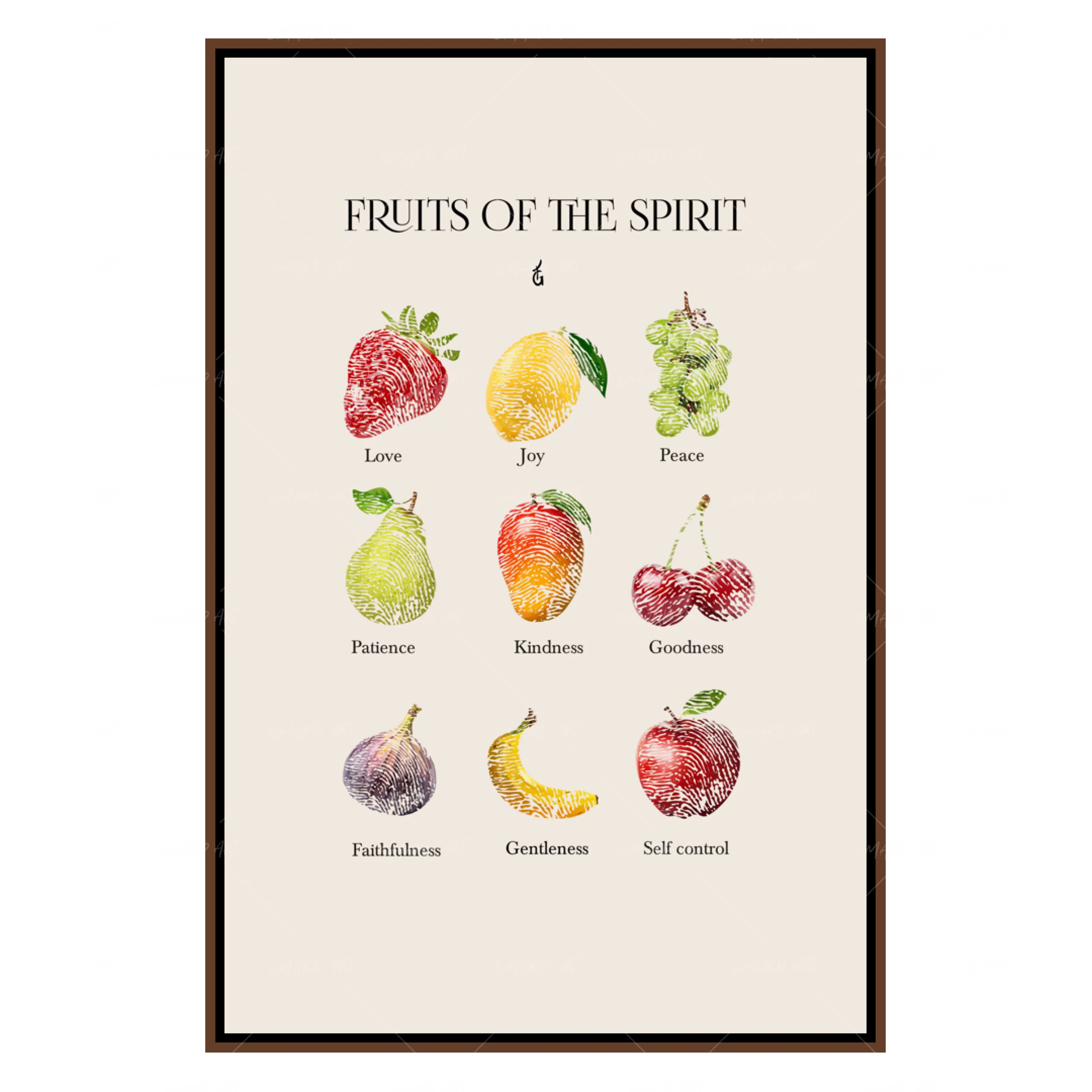 Fruits Of The Spirit-wall art print featuring decorative artistic design suitable for living rooms, offices, and schools by SmardArt. Elevate your space with Black wall art that speaks to culture, identity, and creativity. At Smard, we celebrate artistry made with melanin, bringing powerful and inspiring designs to life.